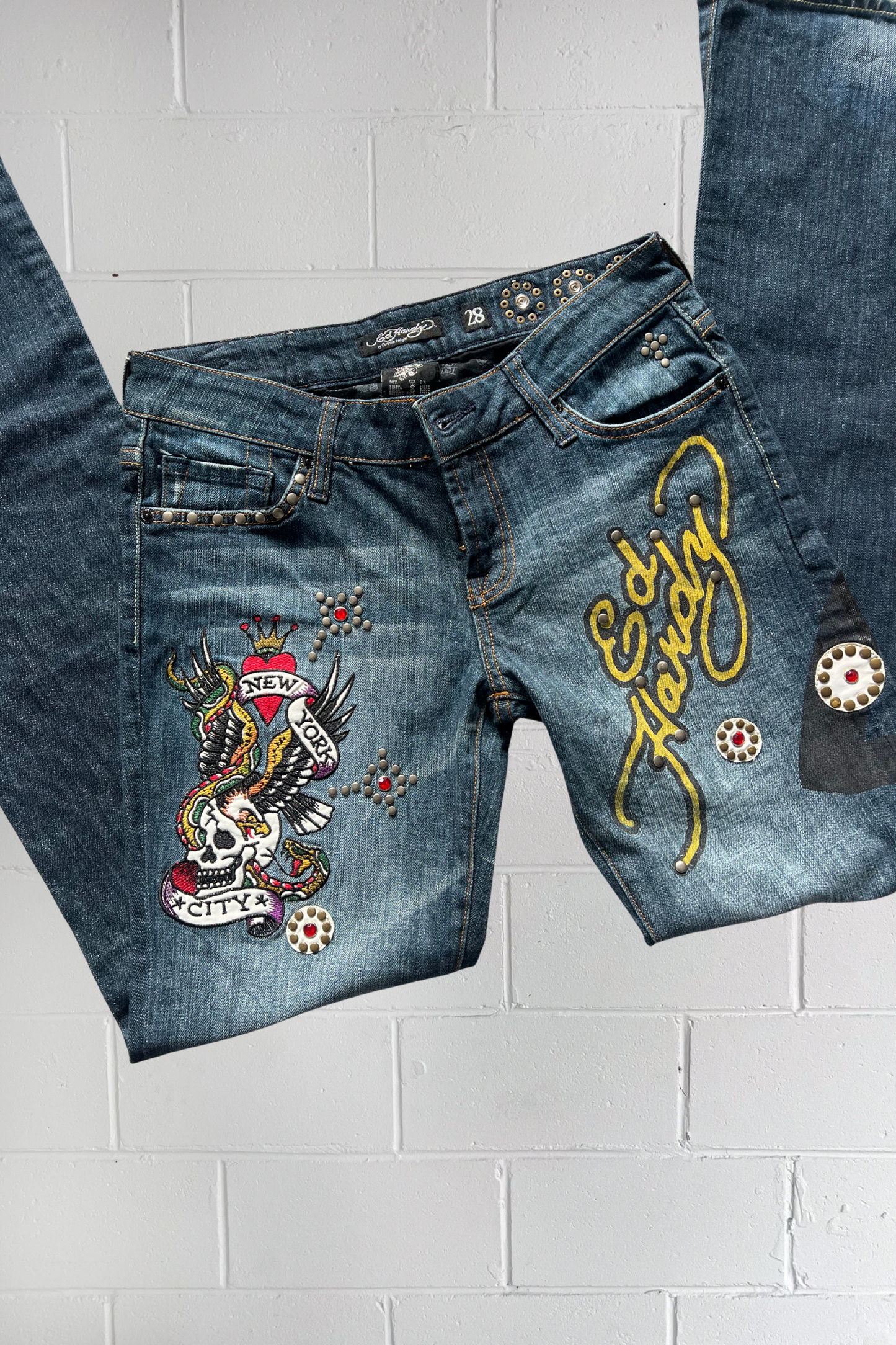 ED HARDY embellished graphic jeans ★ Size 28"