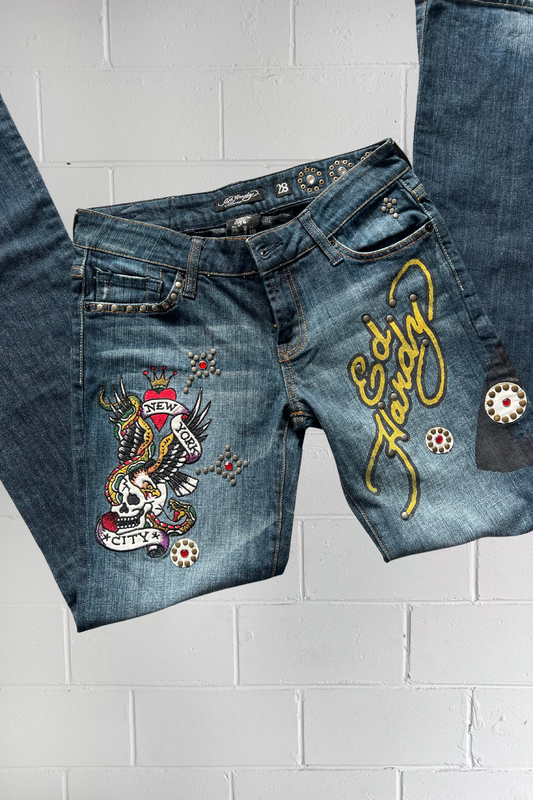 ED HARDY embellished graphic jeans ★ Size 28"