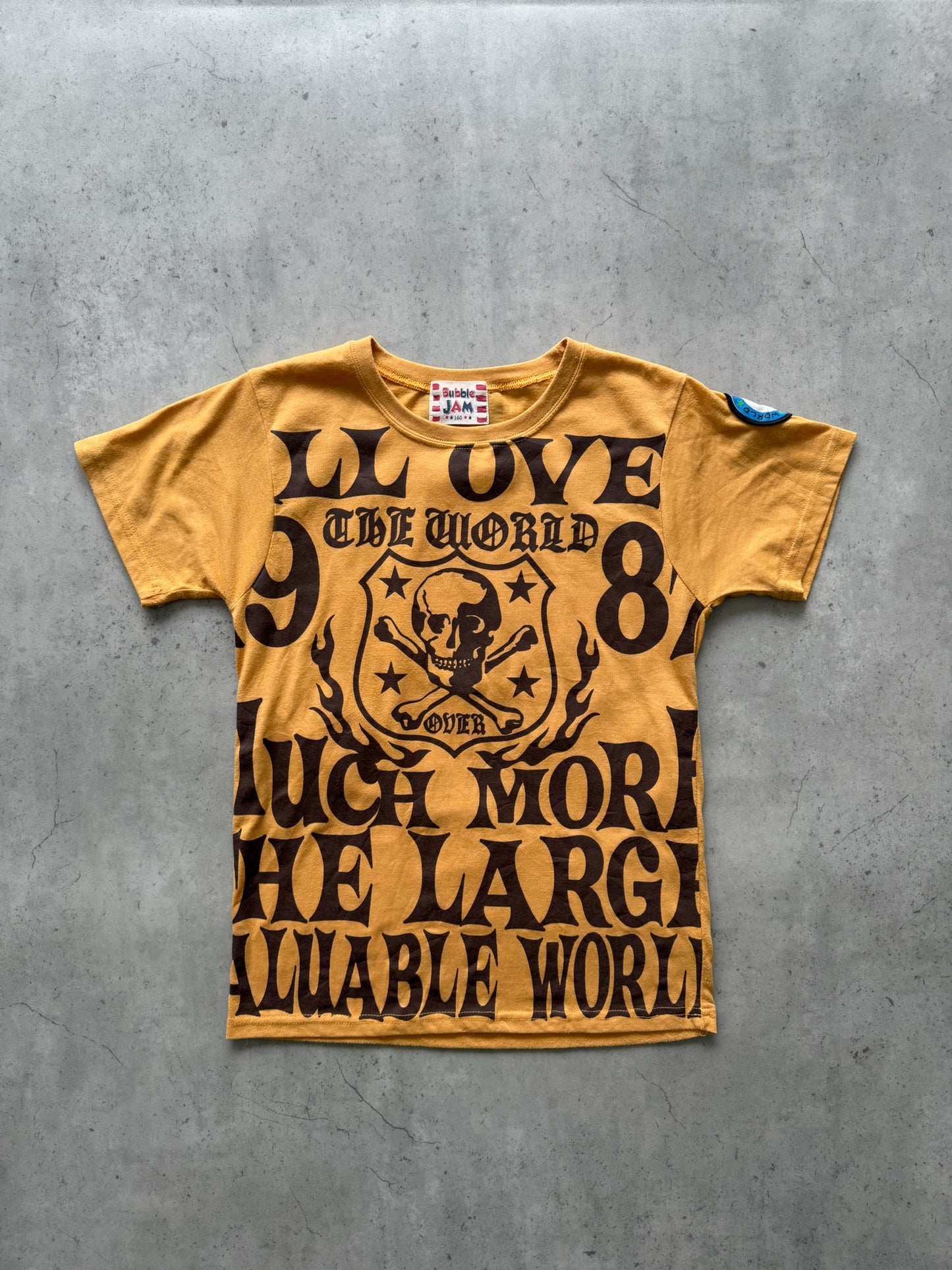 BUBBLE JAM yellow +brown graphic "skull" tee ★ Size labelled large