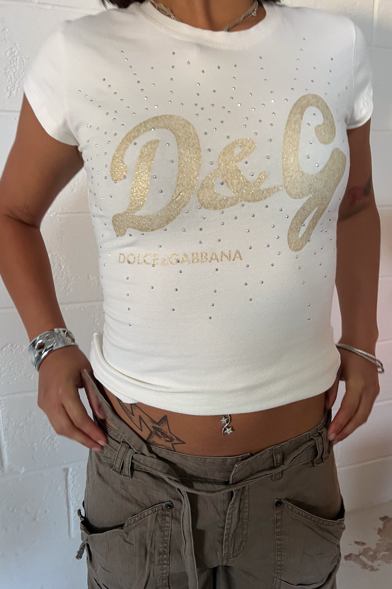 DOLCE & GABBANA white diamente graphic tee
