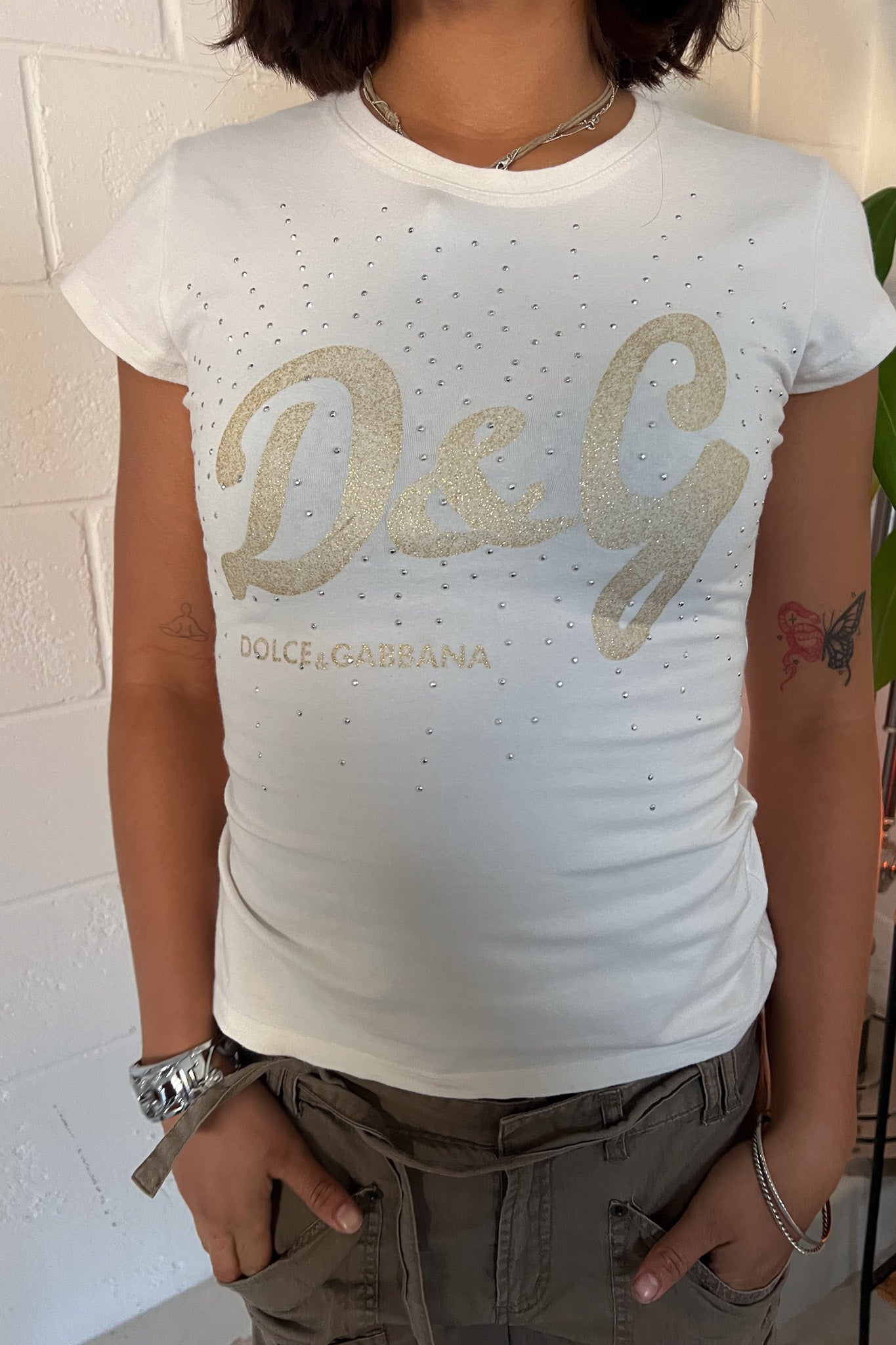 DOLCE & GABBANA white diamente graphic tee