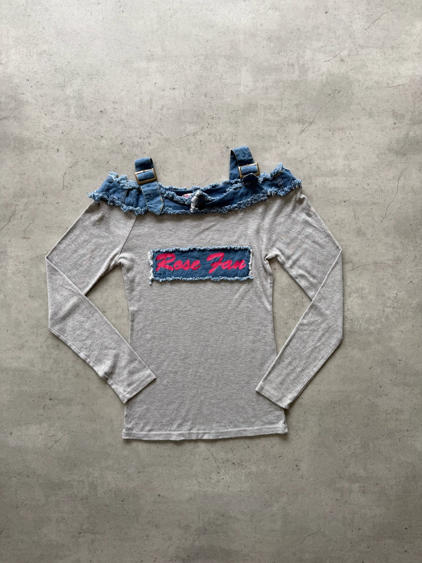 ROSE FAN grey + denim long sleeve top ★ Size est small/medium