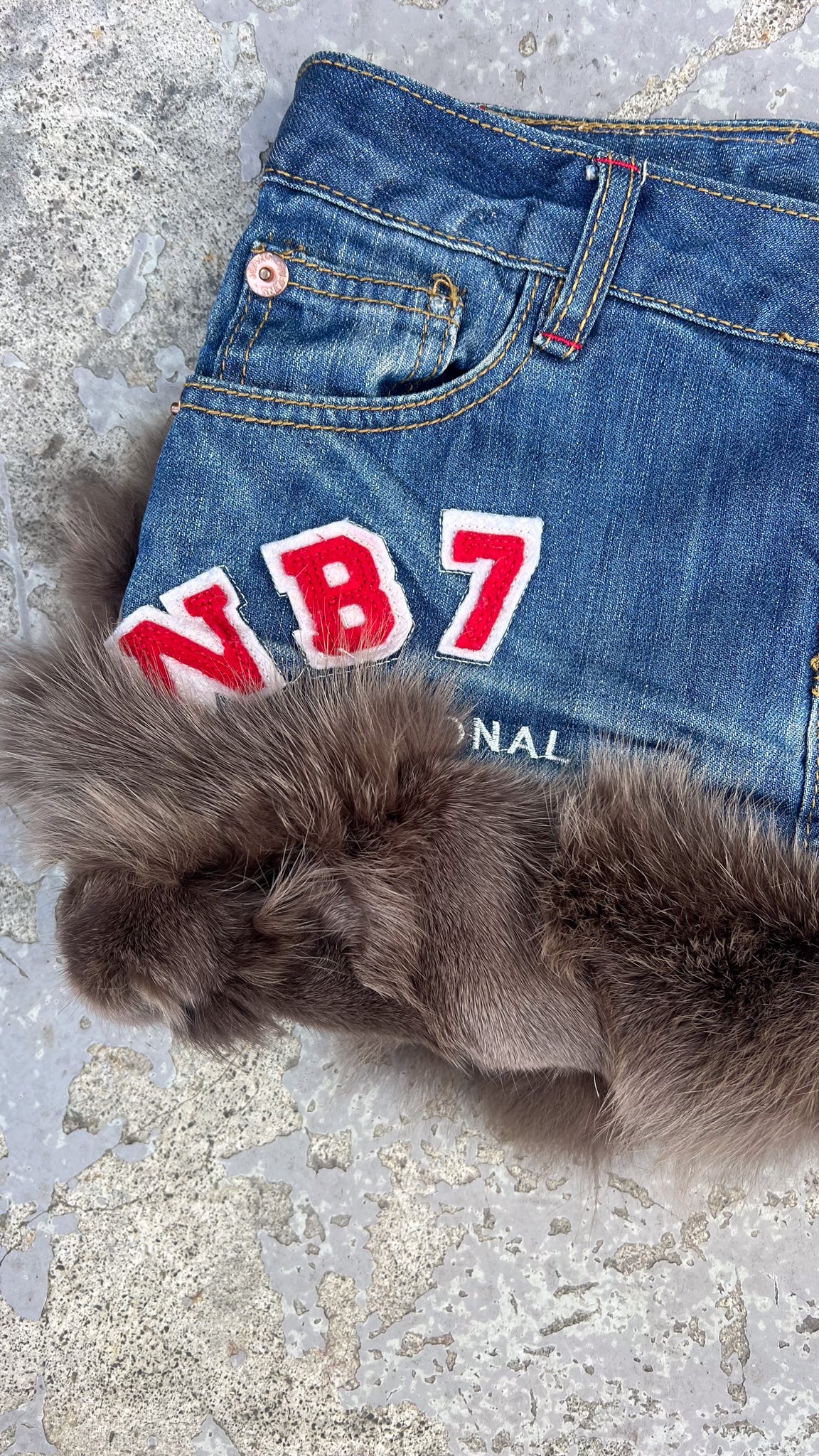 Denim fur trim festival mini skirt + Patchwork