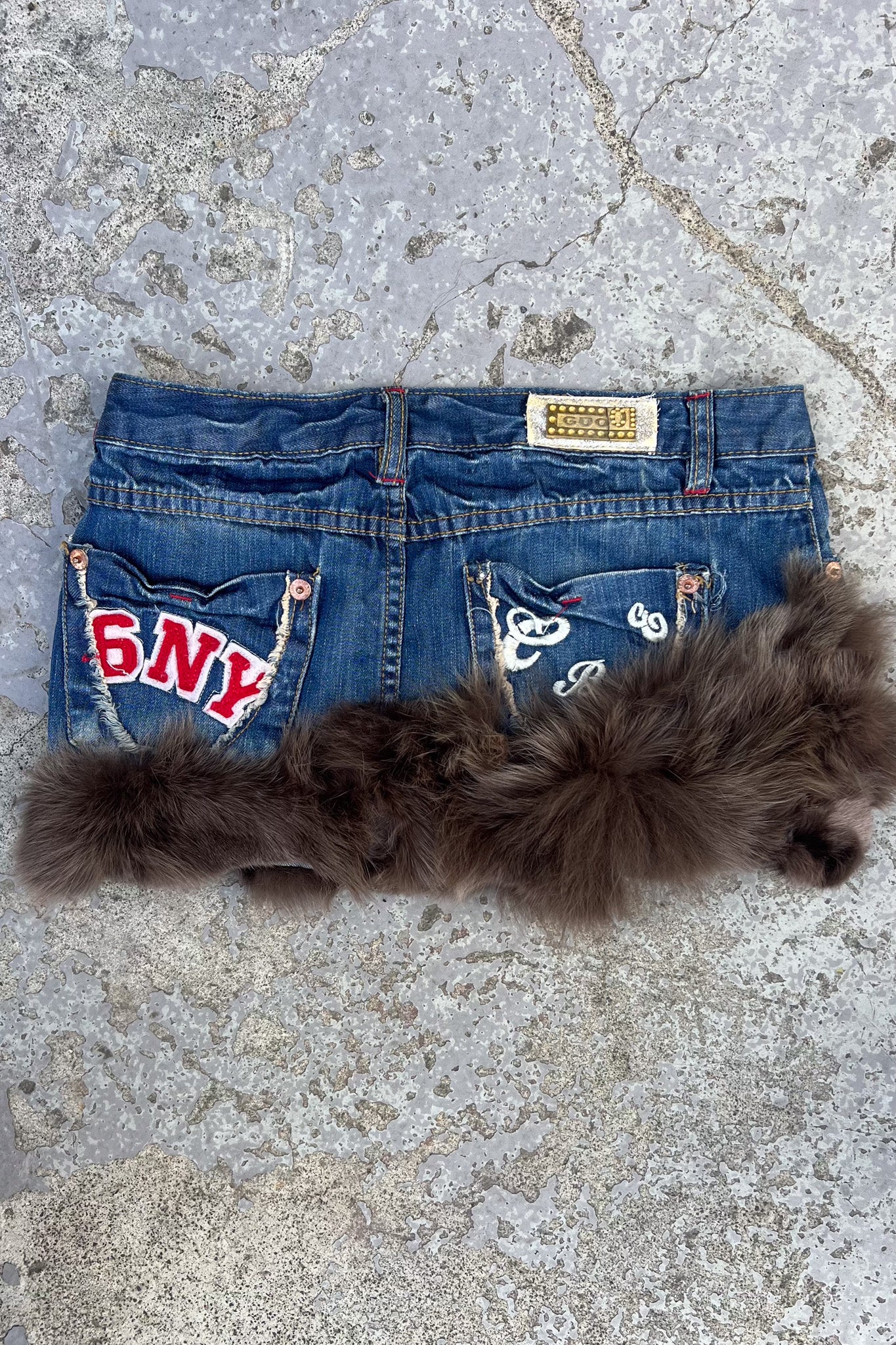 Denim fur trim festival mini skirt + Patchwork