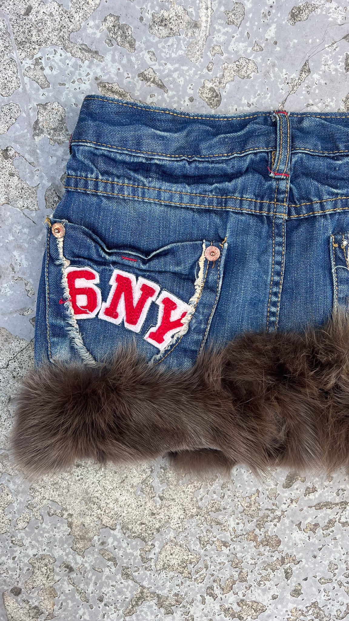 Denim fur trim festival mini skirt + Patchwork