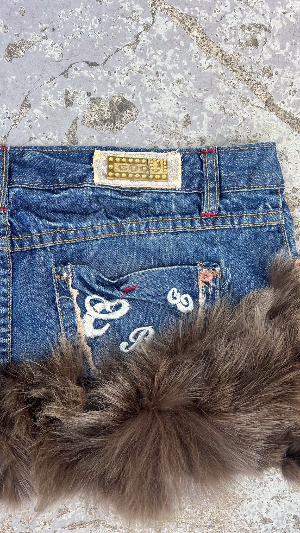 Denim fur trim festival mini skirt + Patchwork