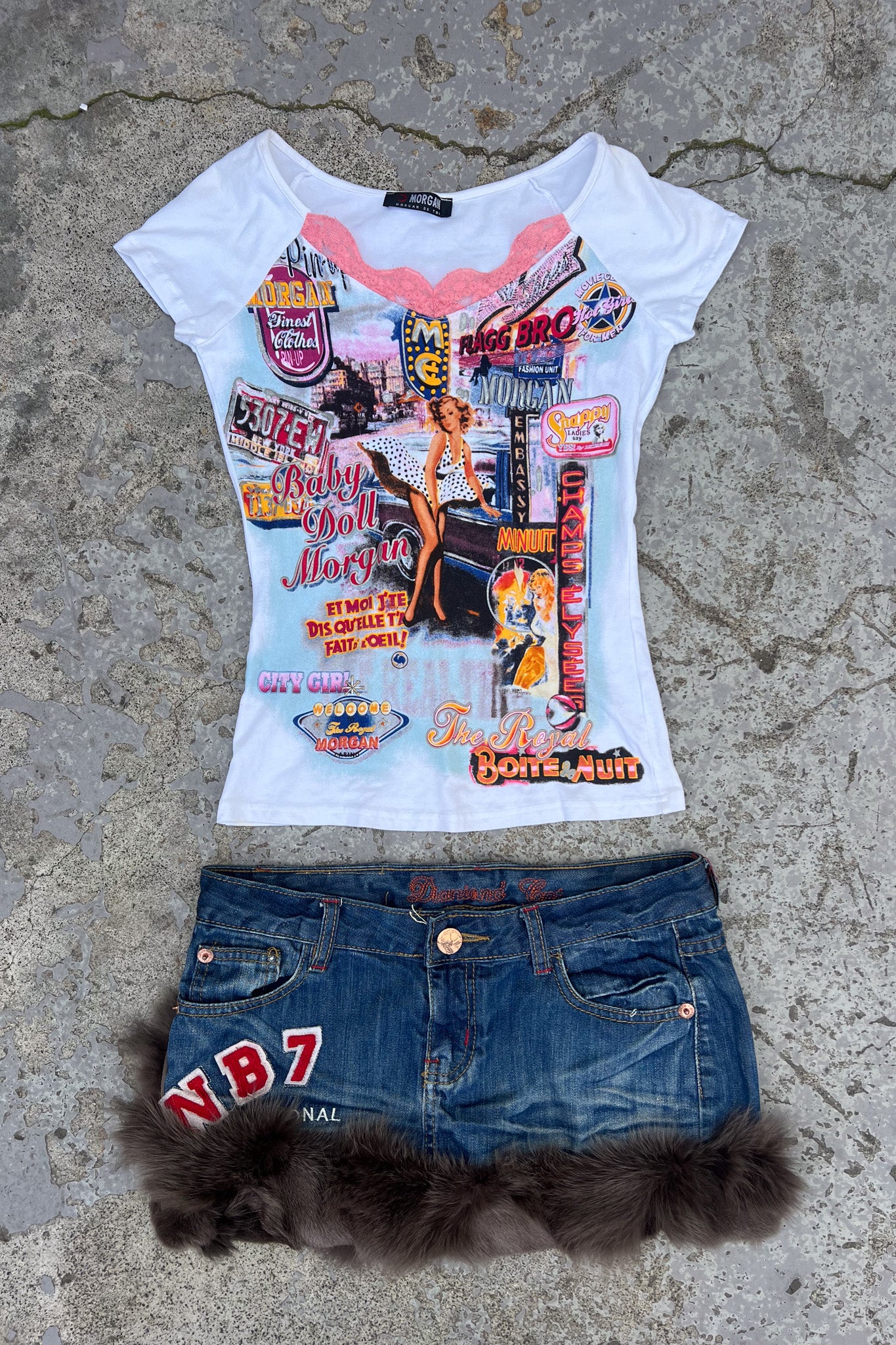 Denim fur trim festival mini skirt + Patchwork