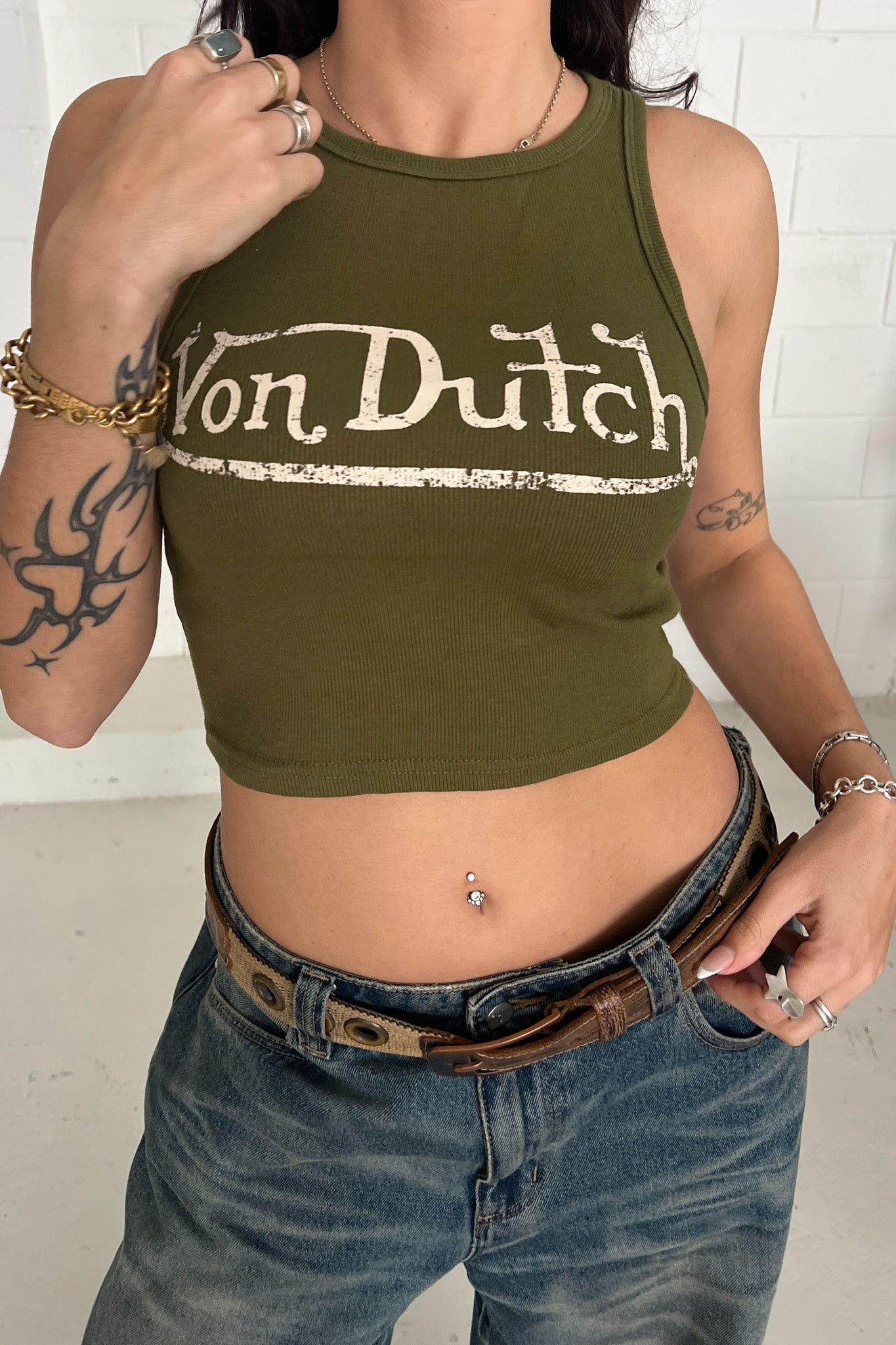 VON DUTCH Crop - Khaki & white text - has tags