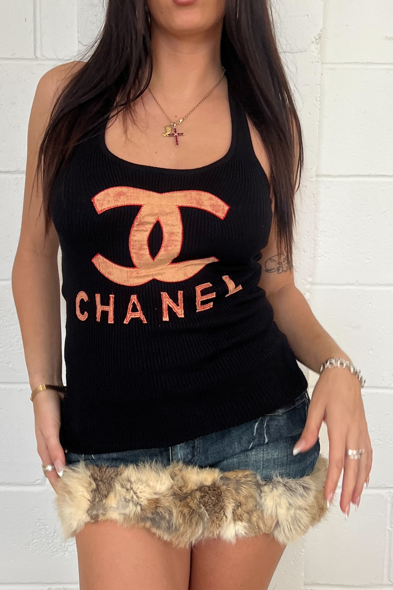 Denim fur trim festival mini skirt