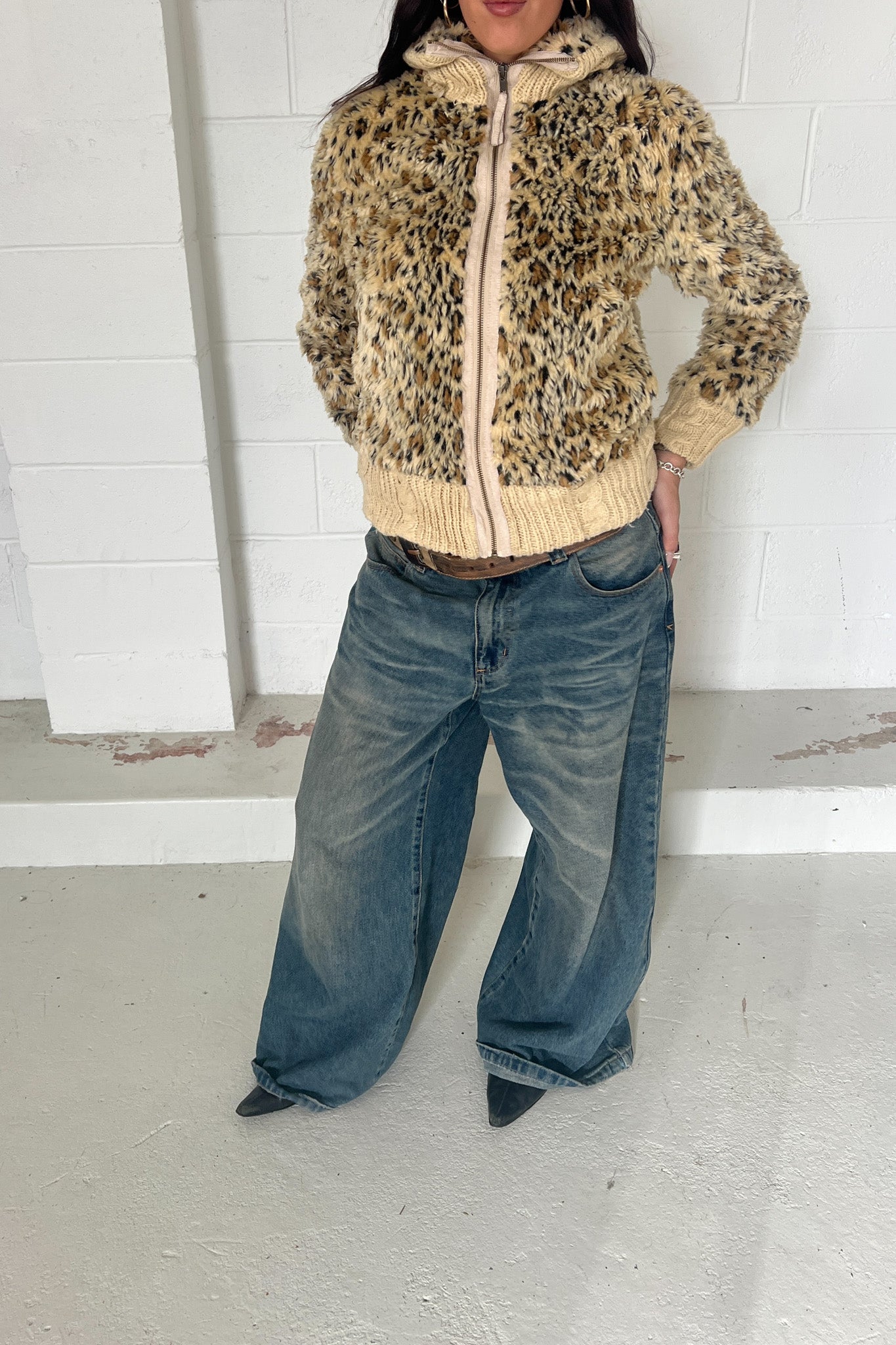 Leopard print cuffed zip up jacket ★ Size Large