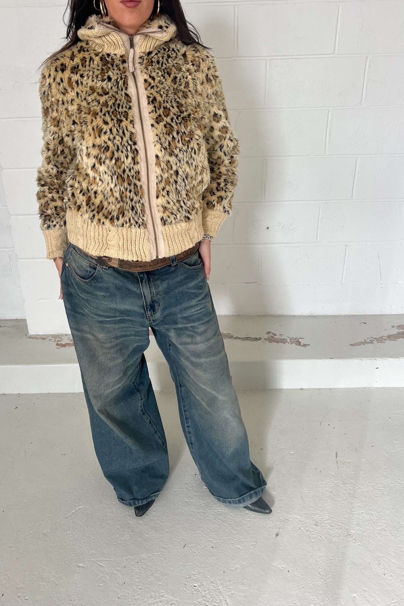 Leopard print cuffed zip up jacket ★ Size Large