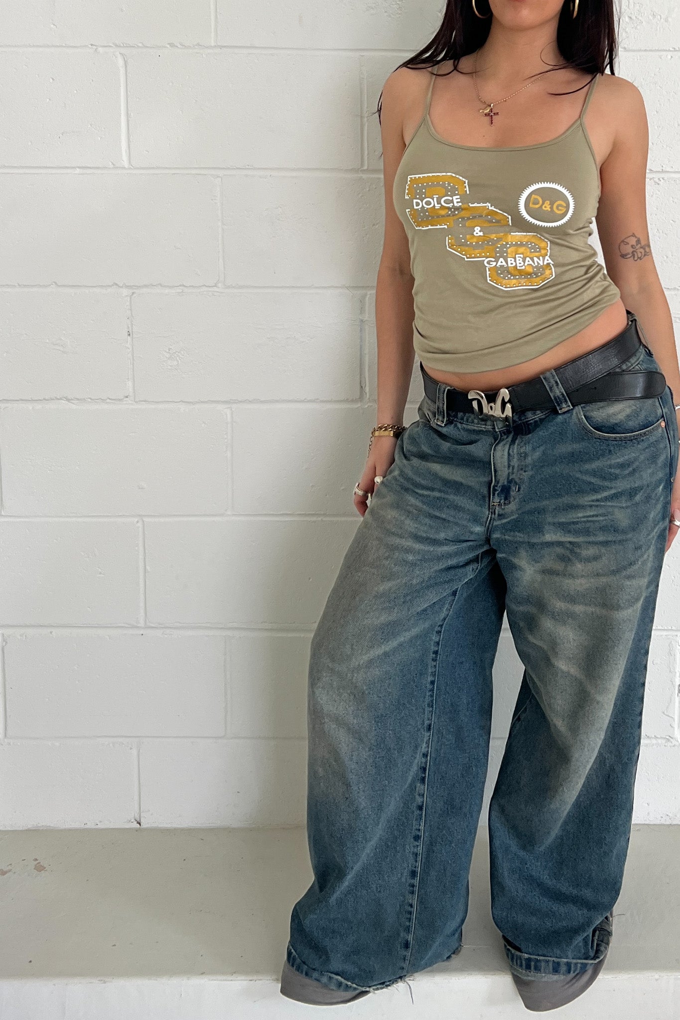 DOLCE & GABBANA khaki embellished tank ★ Size XS