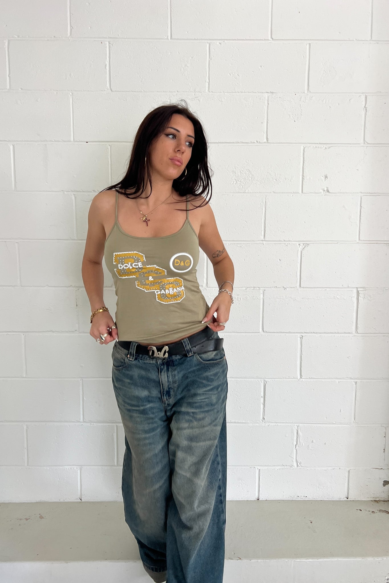 DOLCE & GABBANA khaki embellished tank ★ Size XS