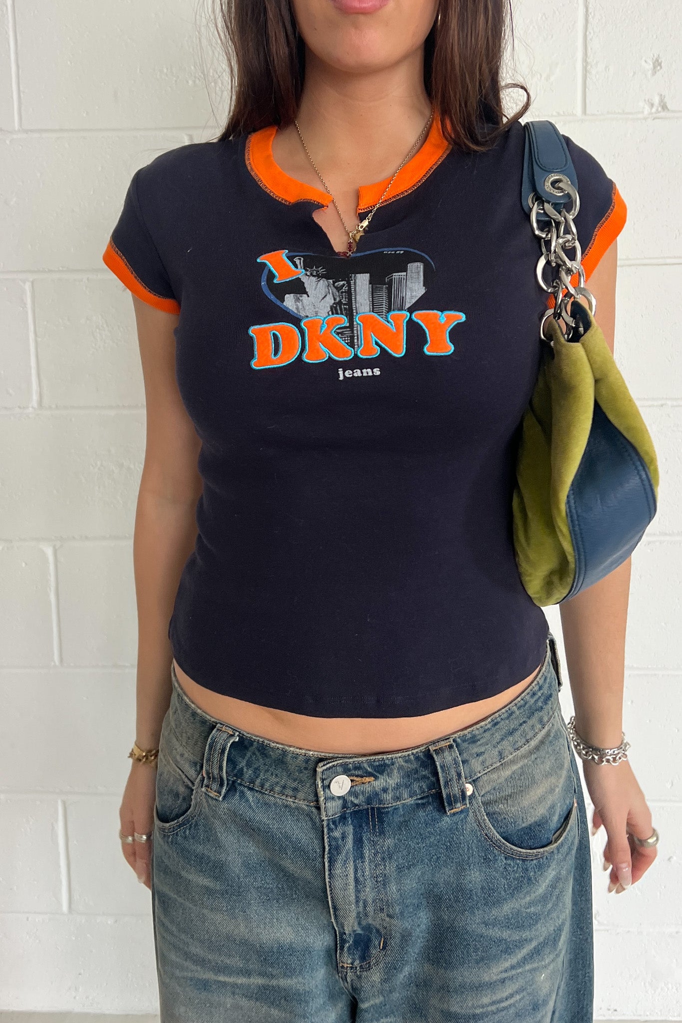 DKNY orange + navy spell out tank ★ Size medium