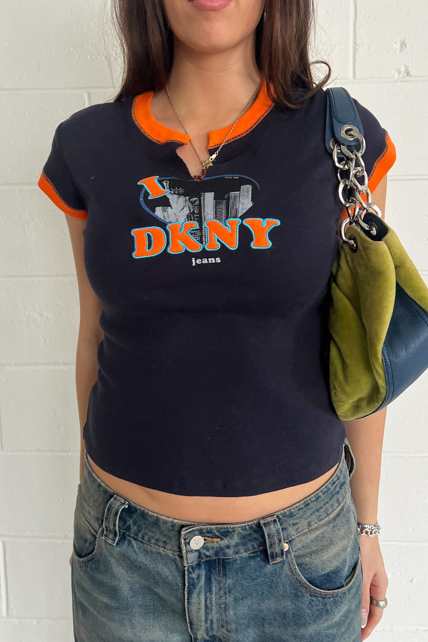 DKNY orange + navy spell out tank ★ Size medium