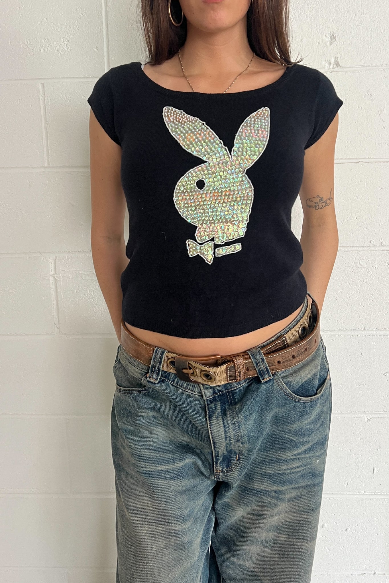 PLAYBOY black sequin logo knit ★ Size medium