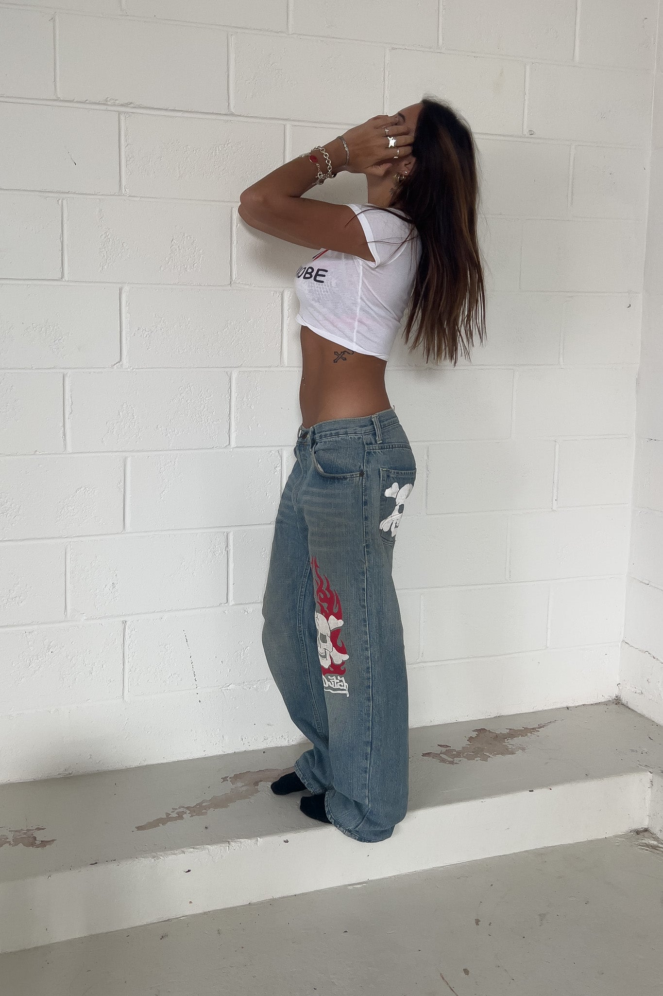 VON DUTCH low waisted white graphic pants ★ Size estimated XS