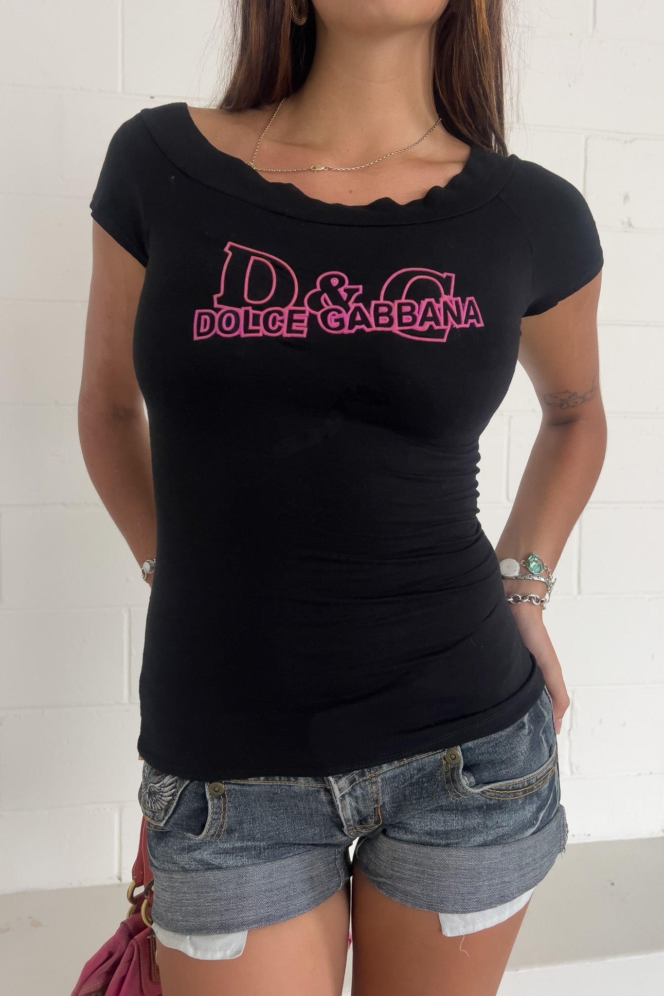 DOLCE & GABANNA black + hot pink top ★ Size estimated XS