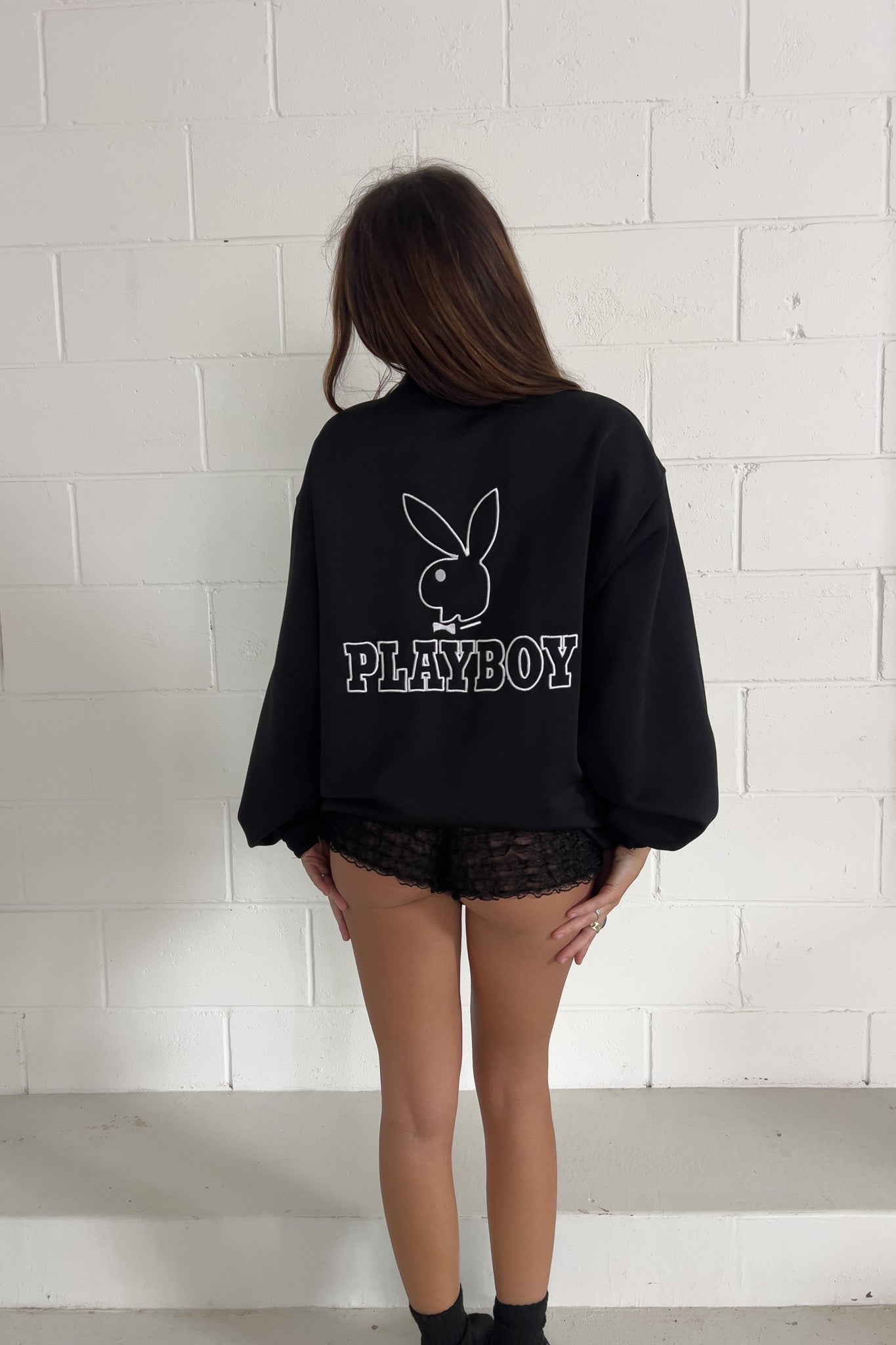 PLAYBOY black + white spellout jacket ★ Size XL
