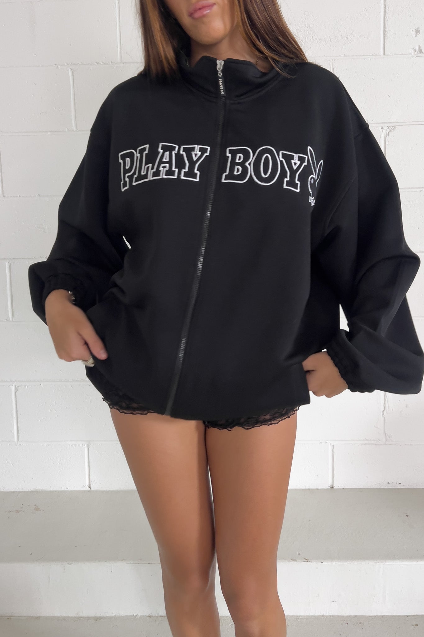 PLAYBOY black + white spellout jacket ★ Size XL