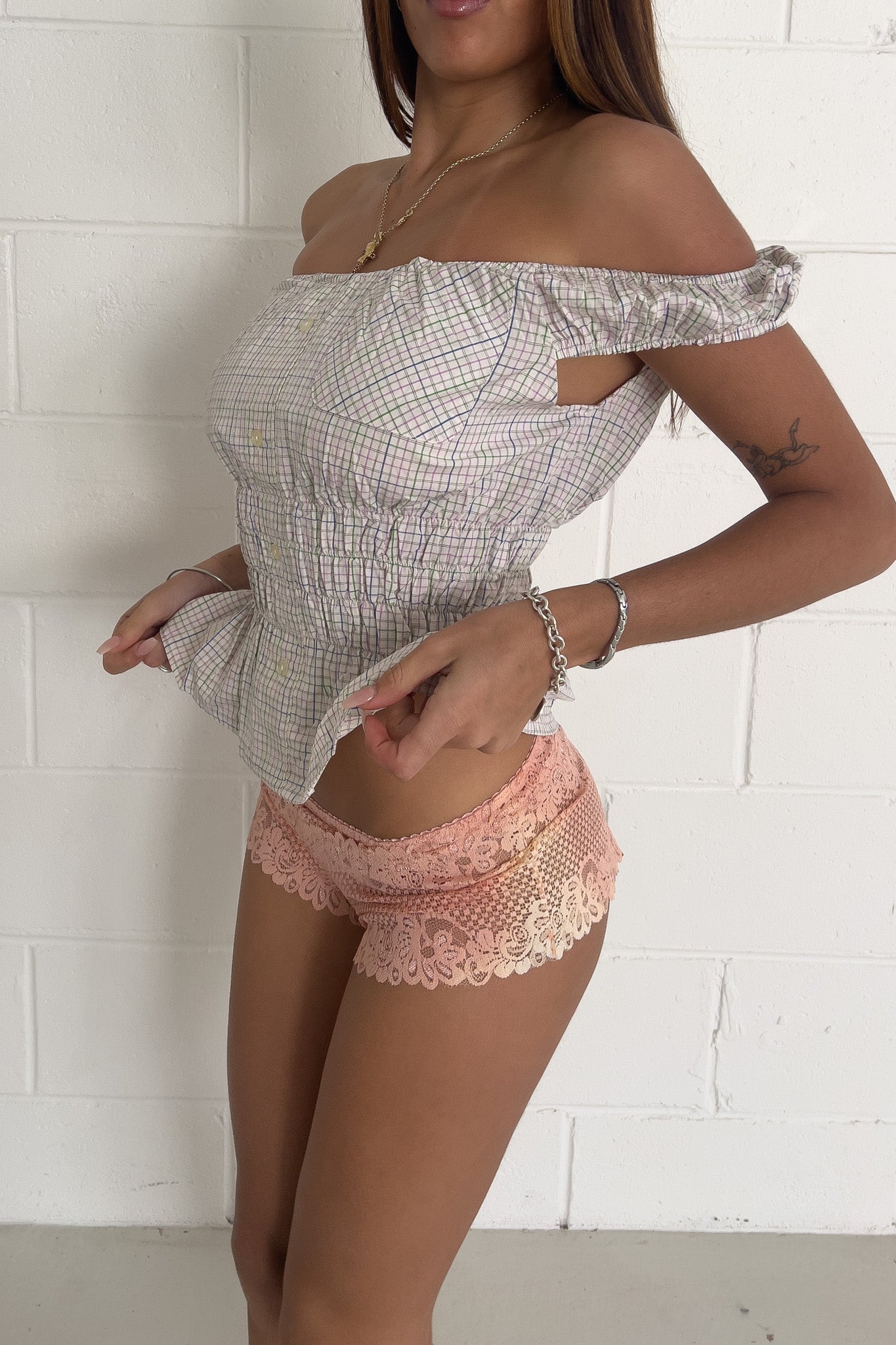 Purple, green + blue off the shoulder top ★ Size estimated XS, S, M