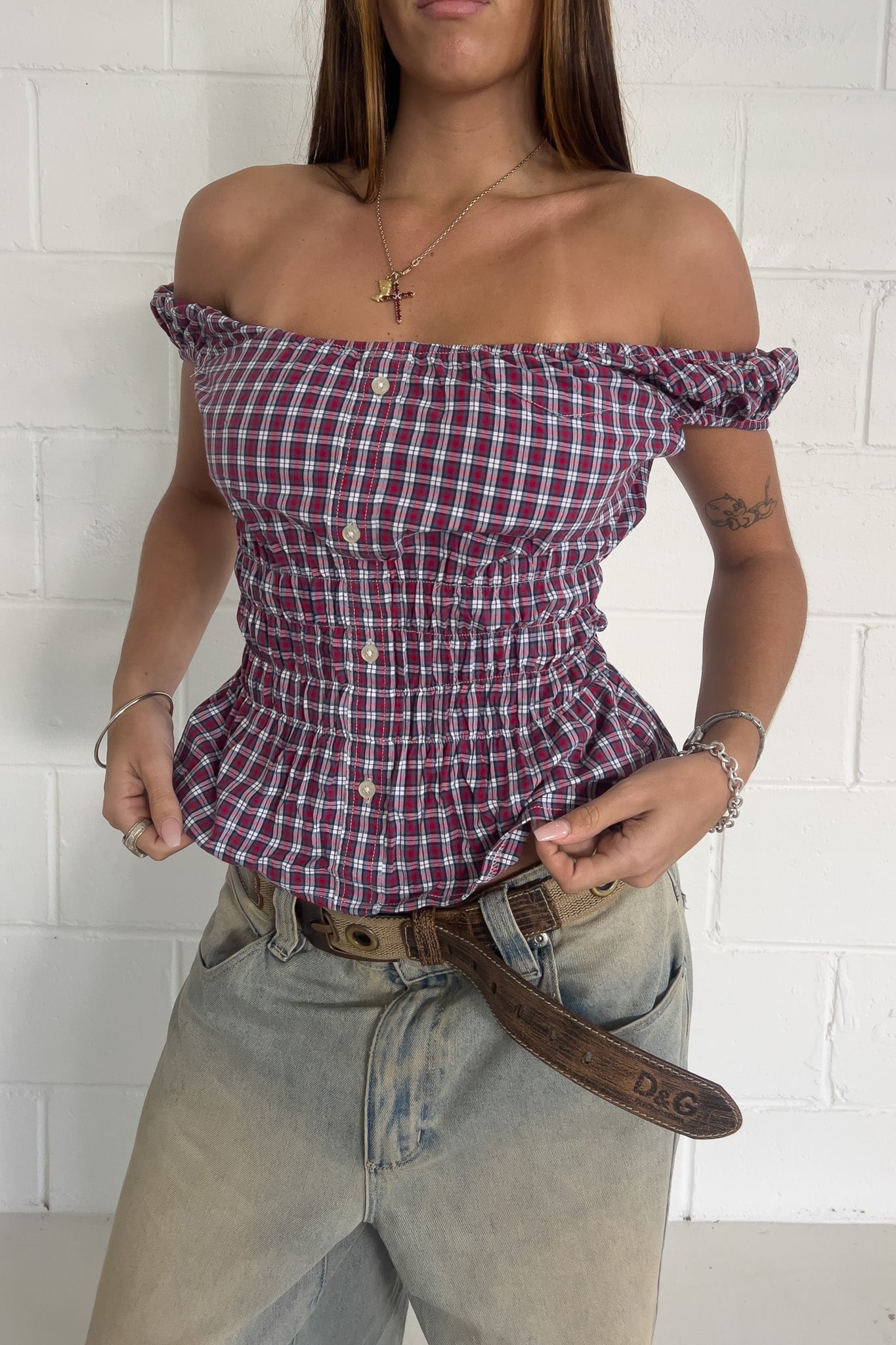 Blue & red checkered off the shoulder top ★ Size estimated XS, S, M