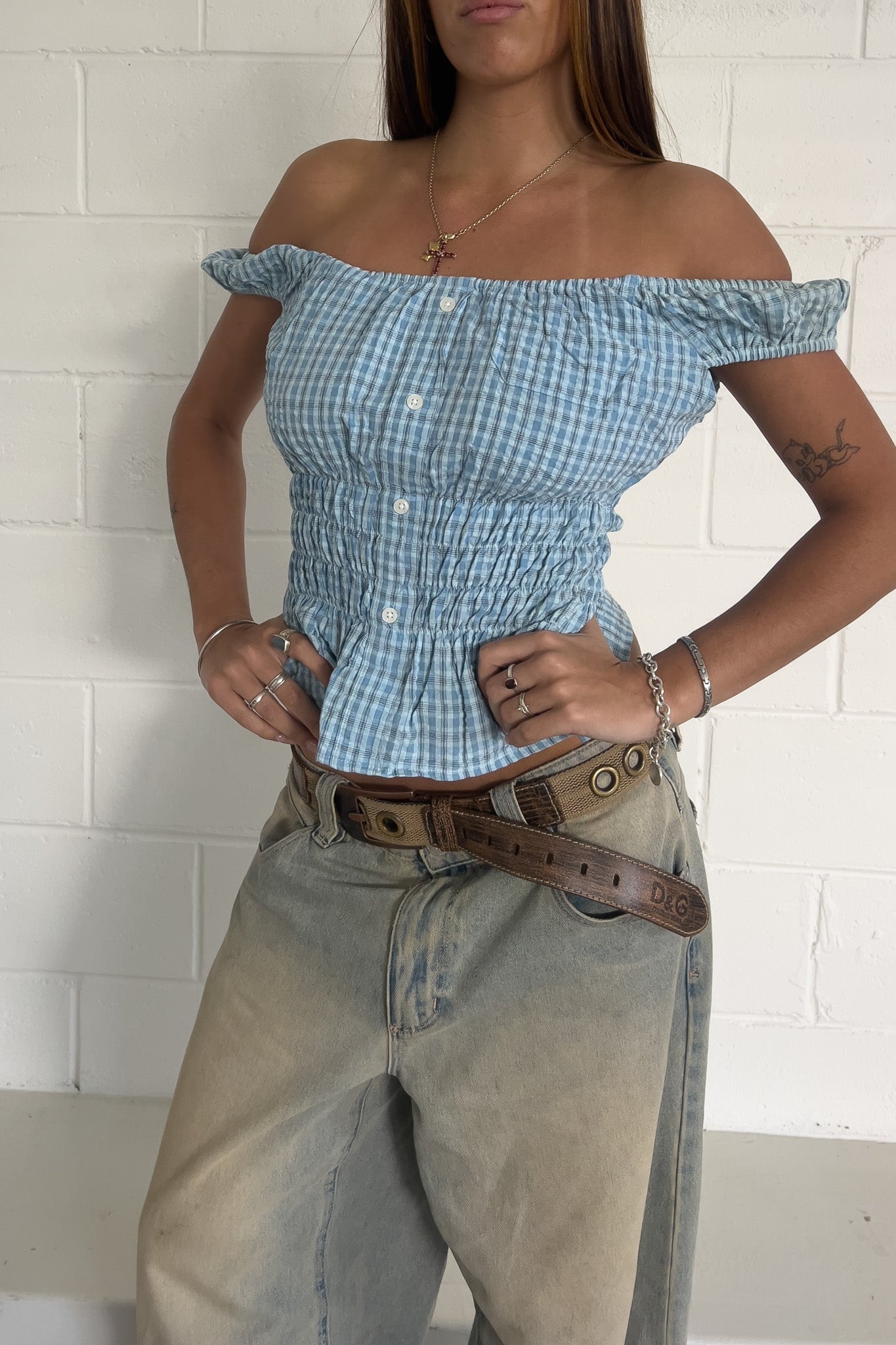 Baby blue checkered off the shoulder top ★ Size estimated XS, S, M