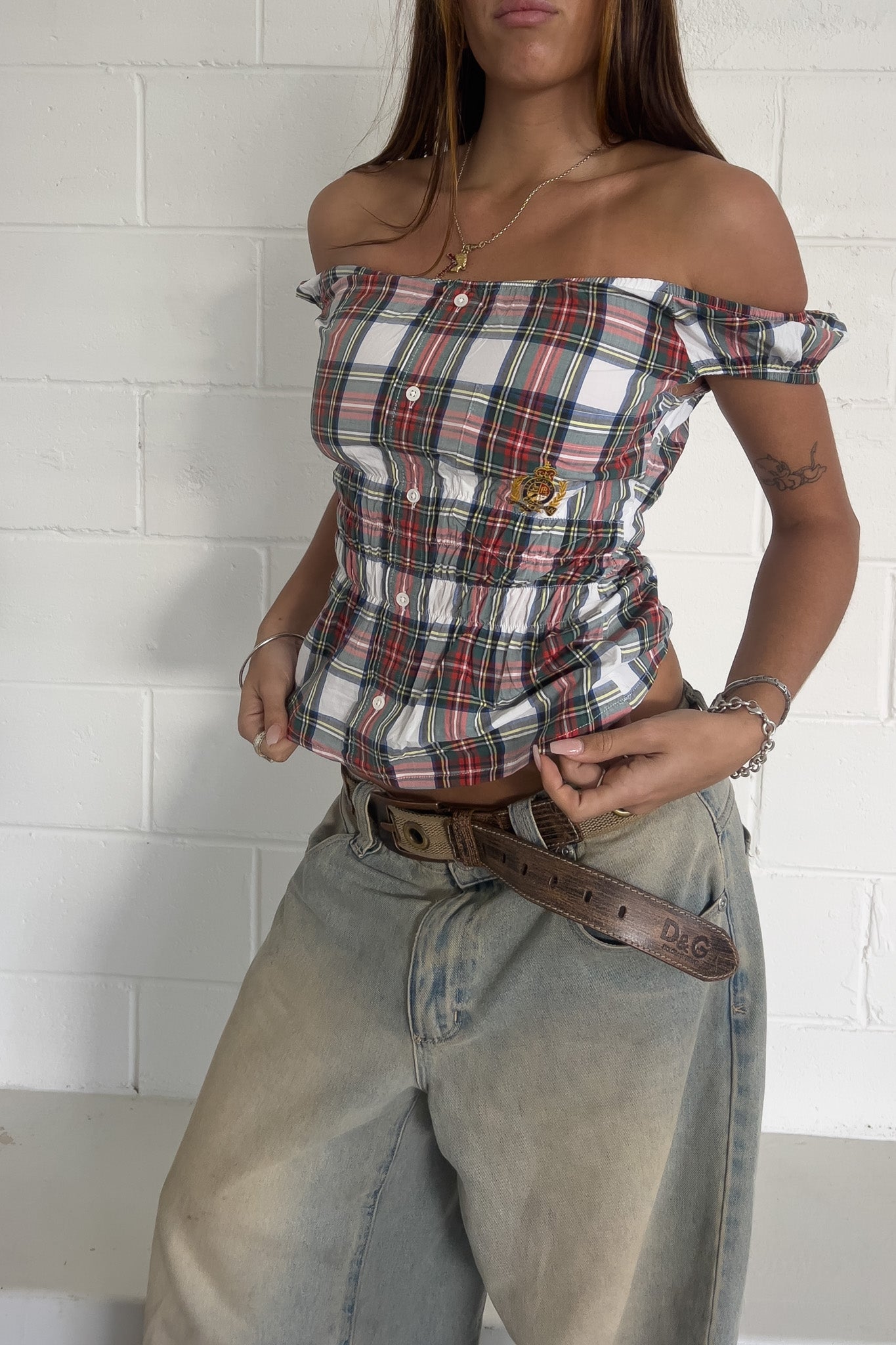 RALPH LAUREN checkered off the shoulder top ★ Size estimated XS, S, M