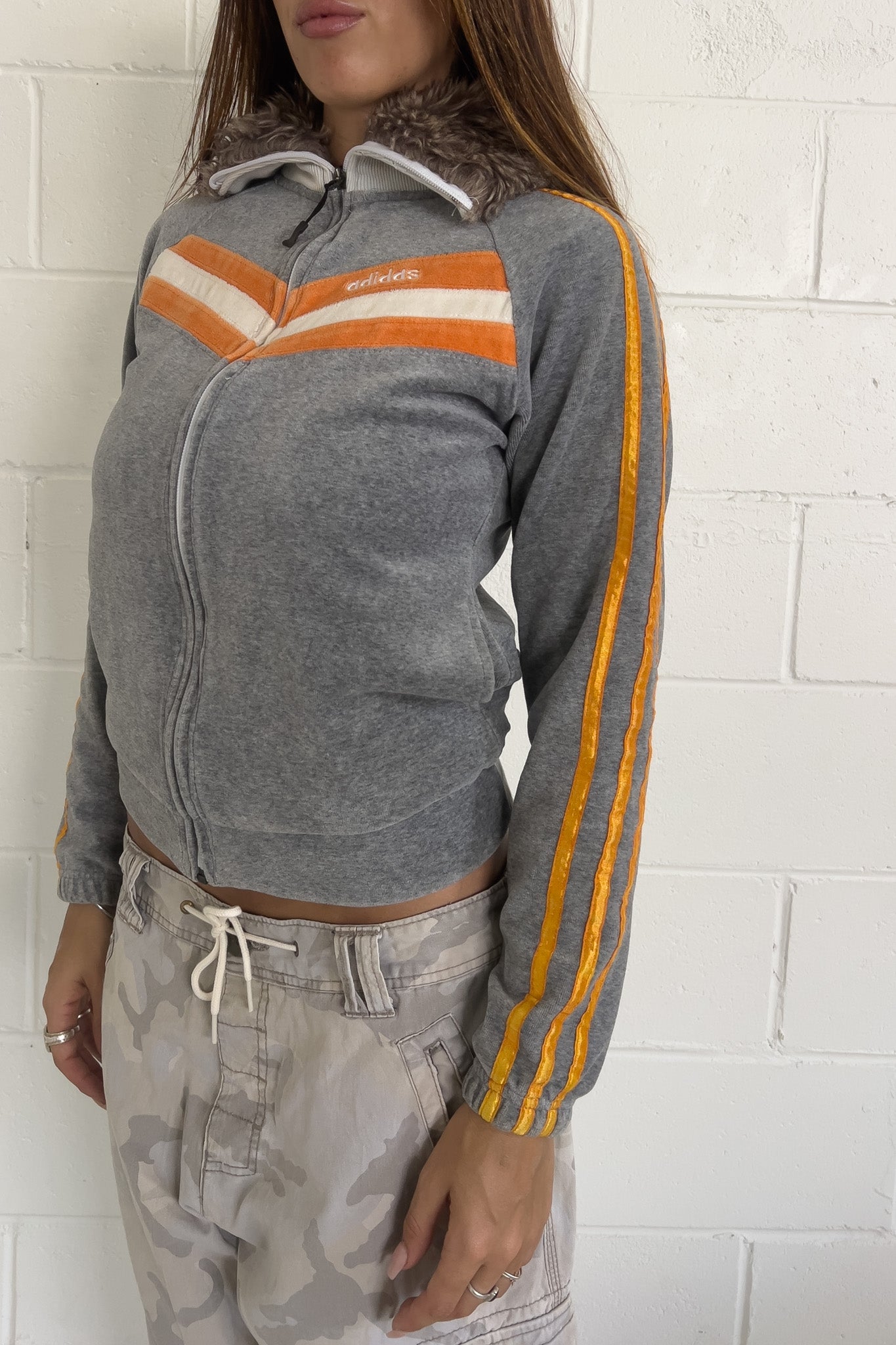 ADIDAS fur grey + orange jacket ★ Size estimated small