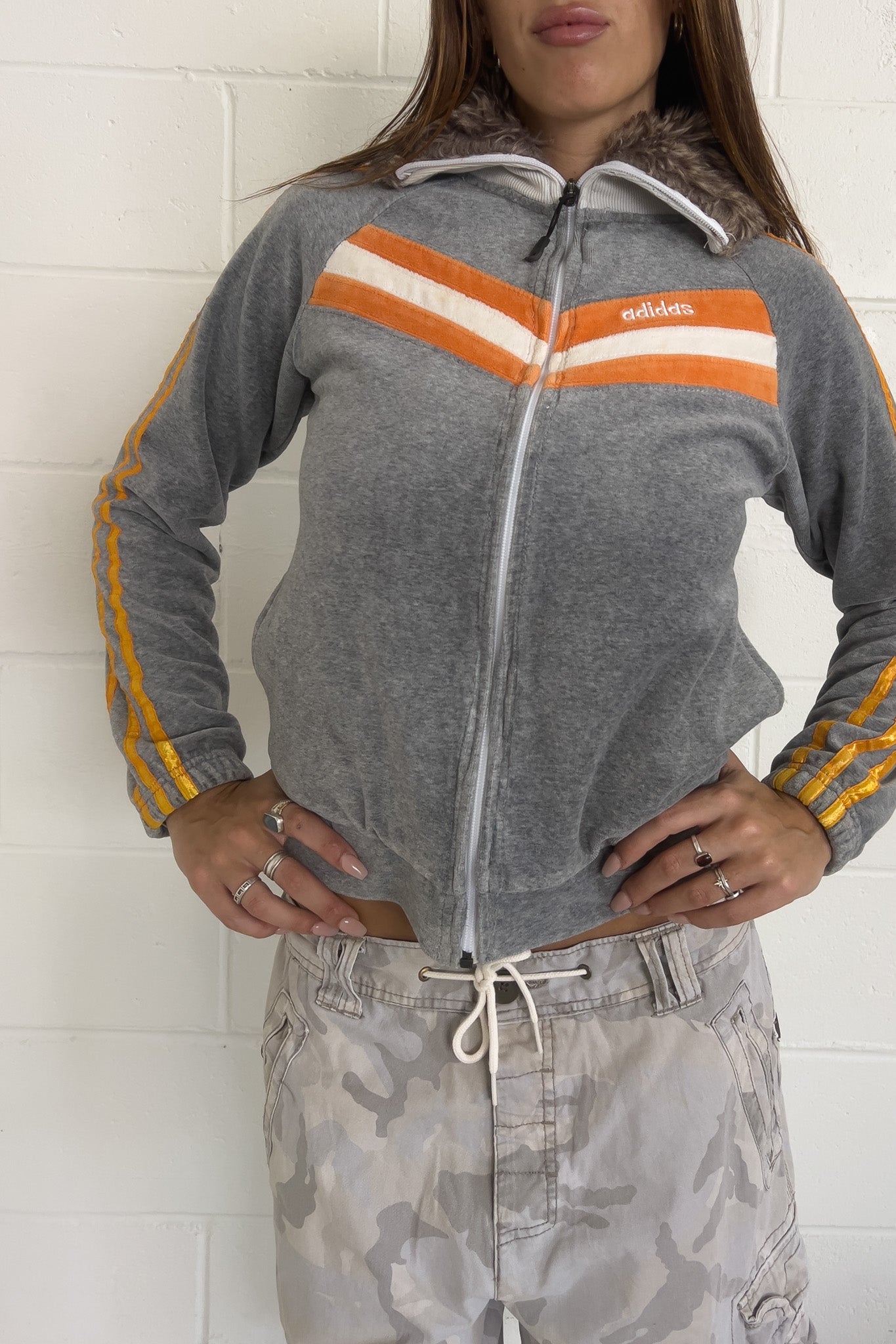 ADIDAS fur grey + orange jacket ★ Size estimated small