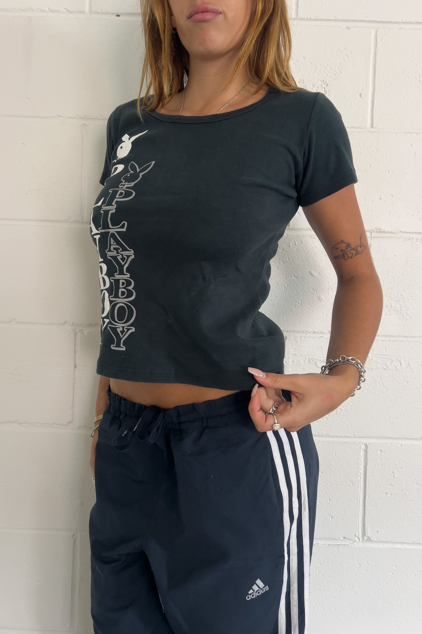 PLAYBOY black + white vertical logo T-Shirt ★ Size medium