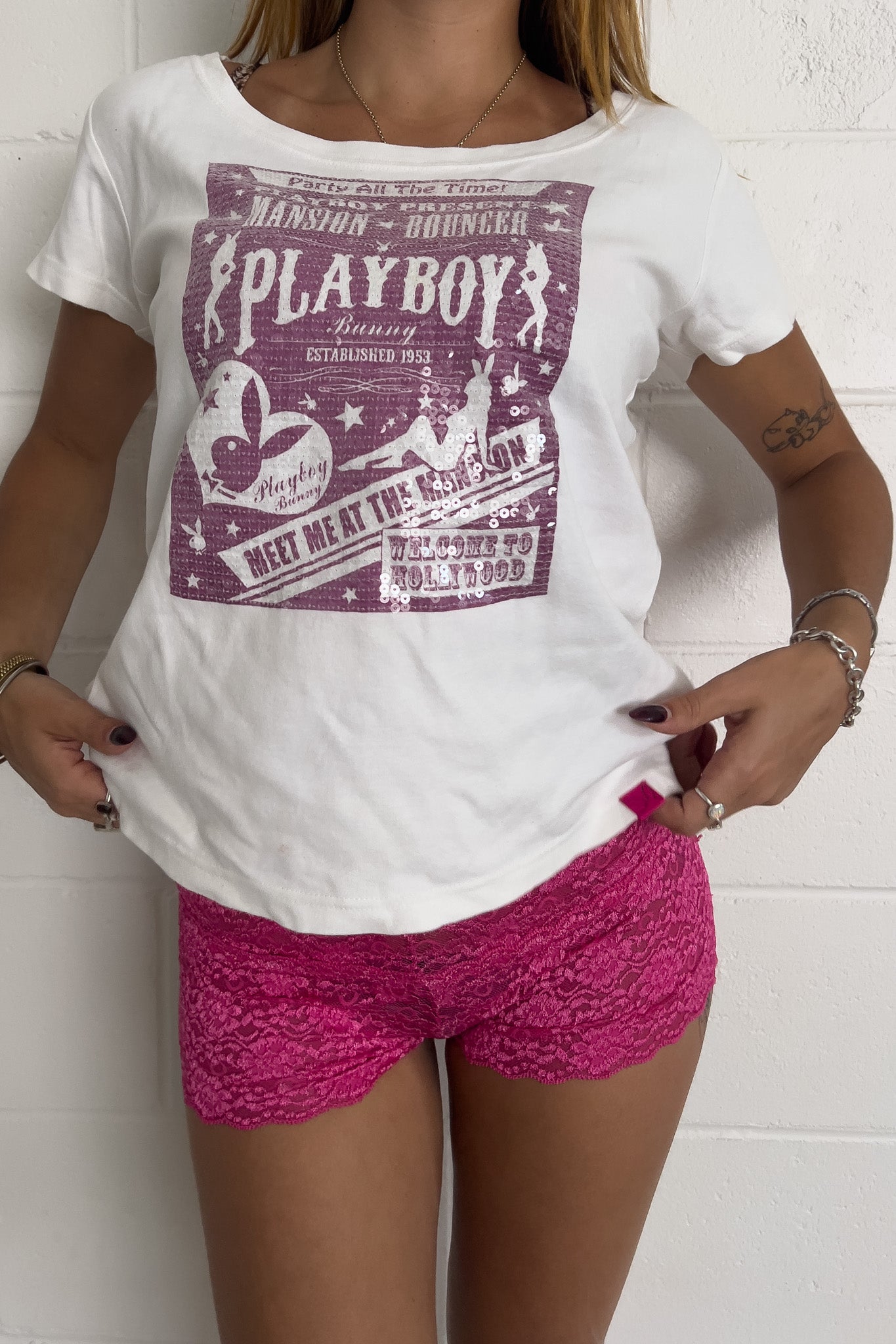 PLAYBOY pink 'PARTY ALL THE TIME' graphic T-Shirt ★ Size large