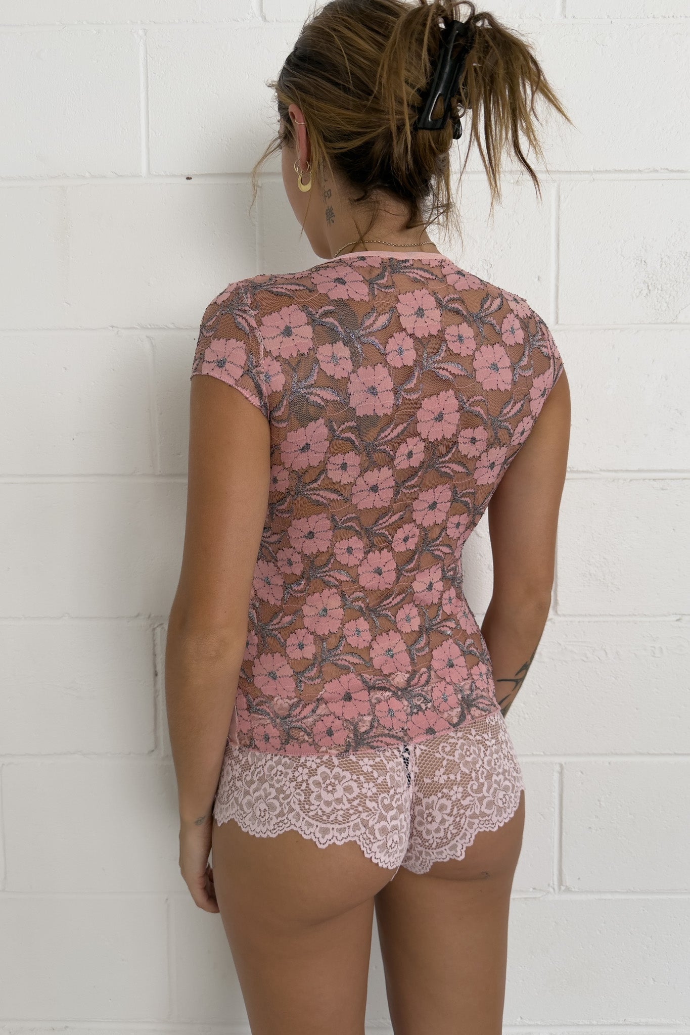 Graphic woman pink tank + floral lace back ★ Size estimated small