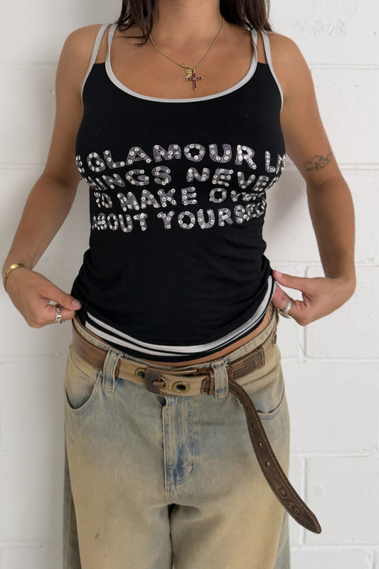 Black sequin text tank ★ Size estimated small
