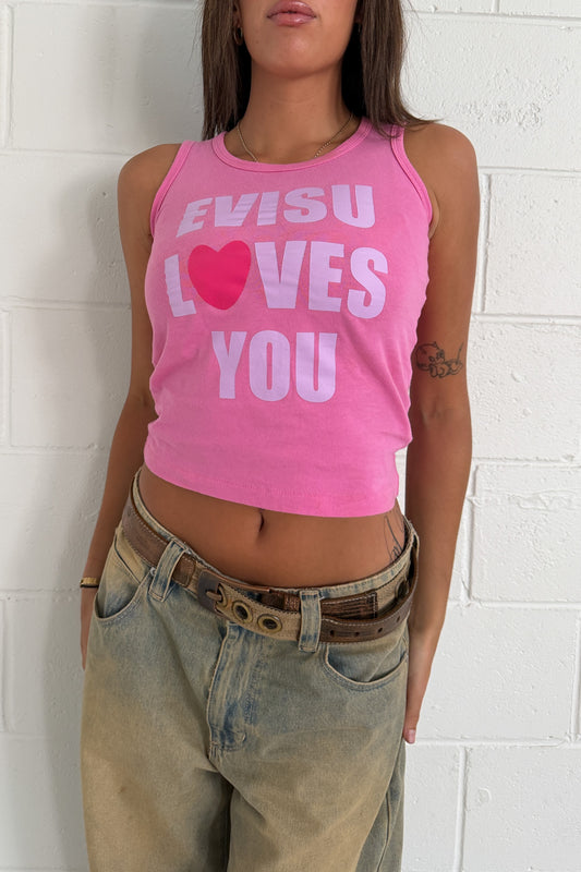 EVISU LOVES YOU pink graphic tank ★ Size estimated medium