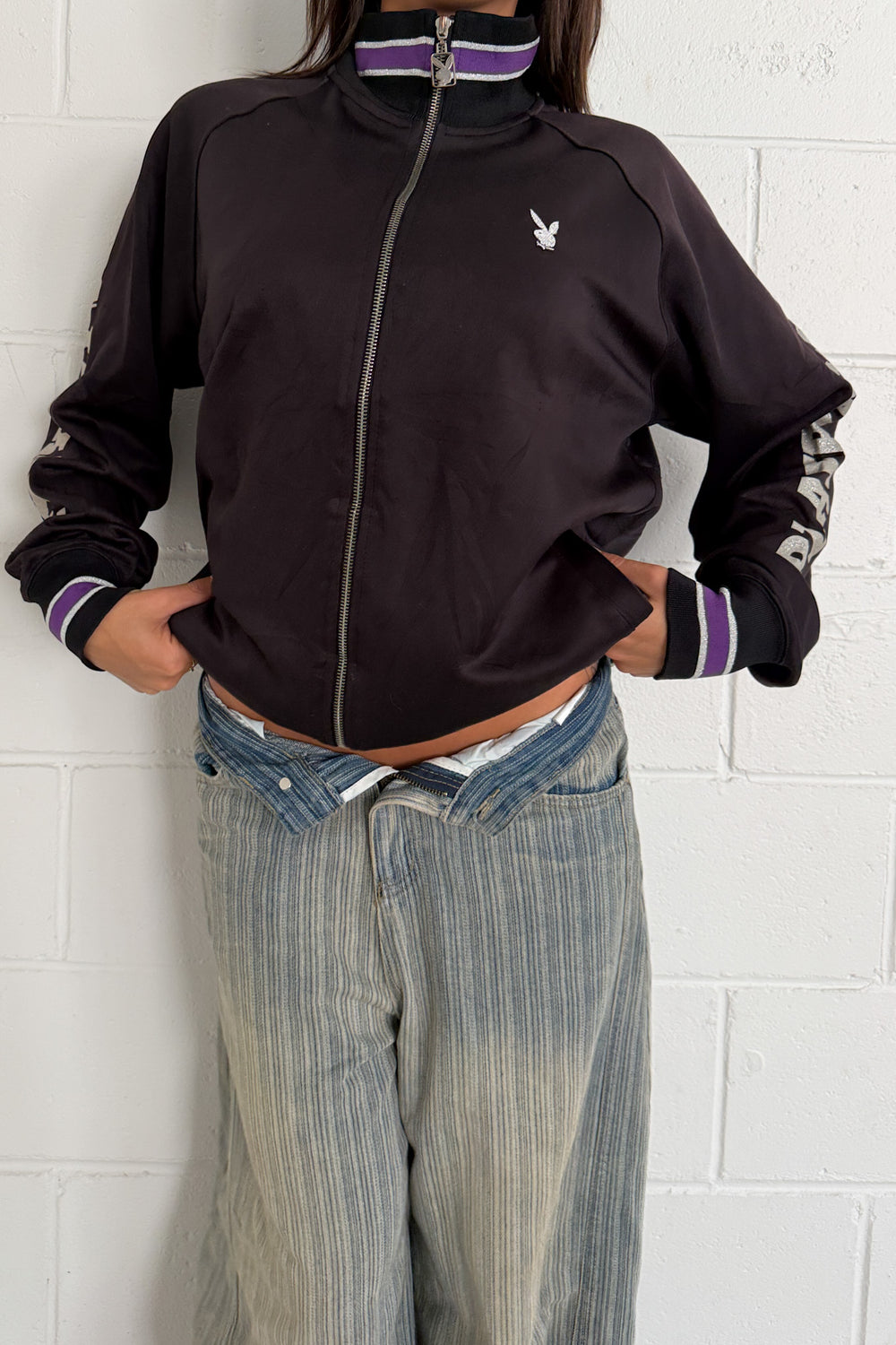 PLAYBOY purple & black zip up jacket ★ Size 3L