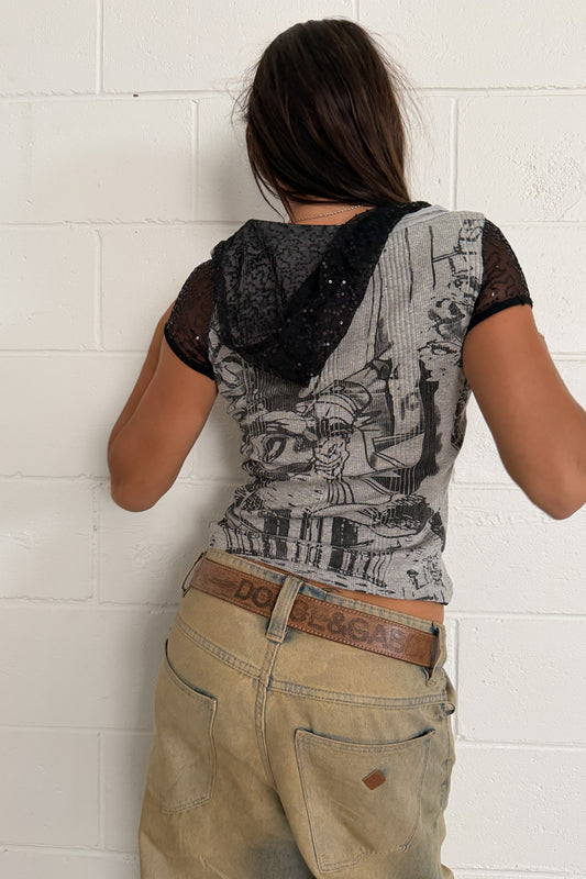 Grey hooded sequin top ★ Size Small