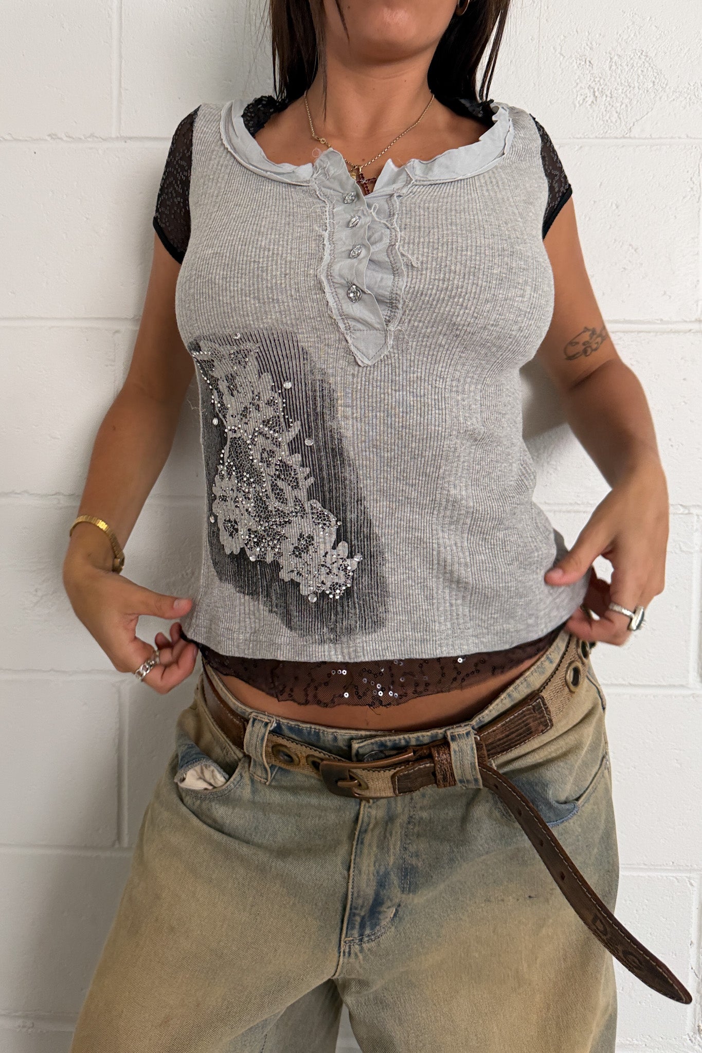 Grey hooded sequin top ★ Size Small