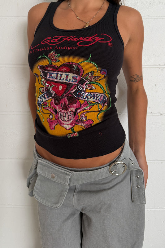 ED HARDY black diamante pink skull graphic tank ★ Size medium