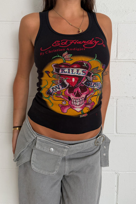 ED HARDY black diamante pink skull graphic tank ★ Size medium