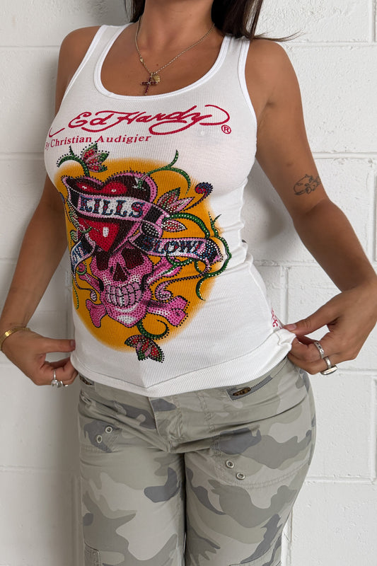 ED HARDY white diamante skull graphic tank ★ Size Medium