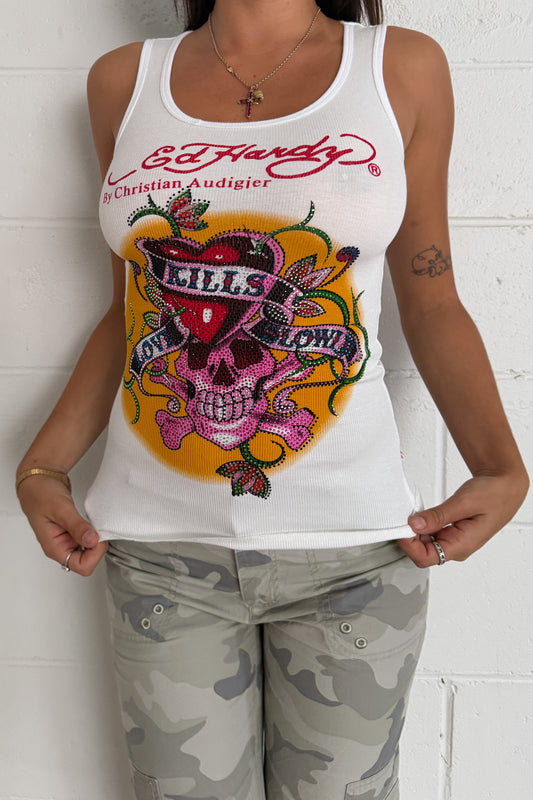 ED HARDY white diamante skull graphic tank ★ Size Medium