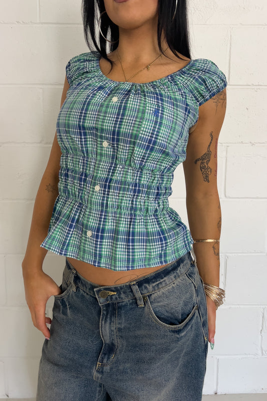 Green + blue plaid reworked top ★ Size est small