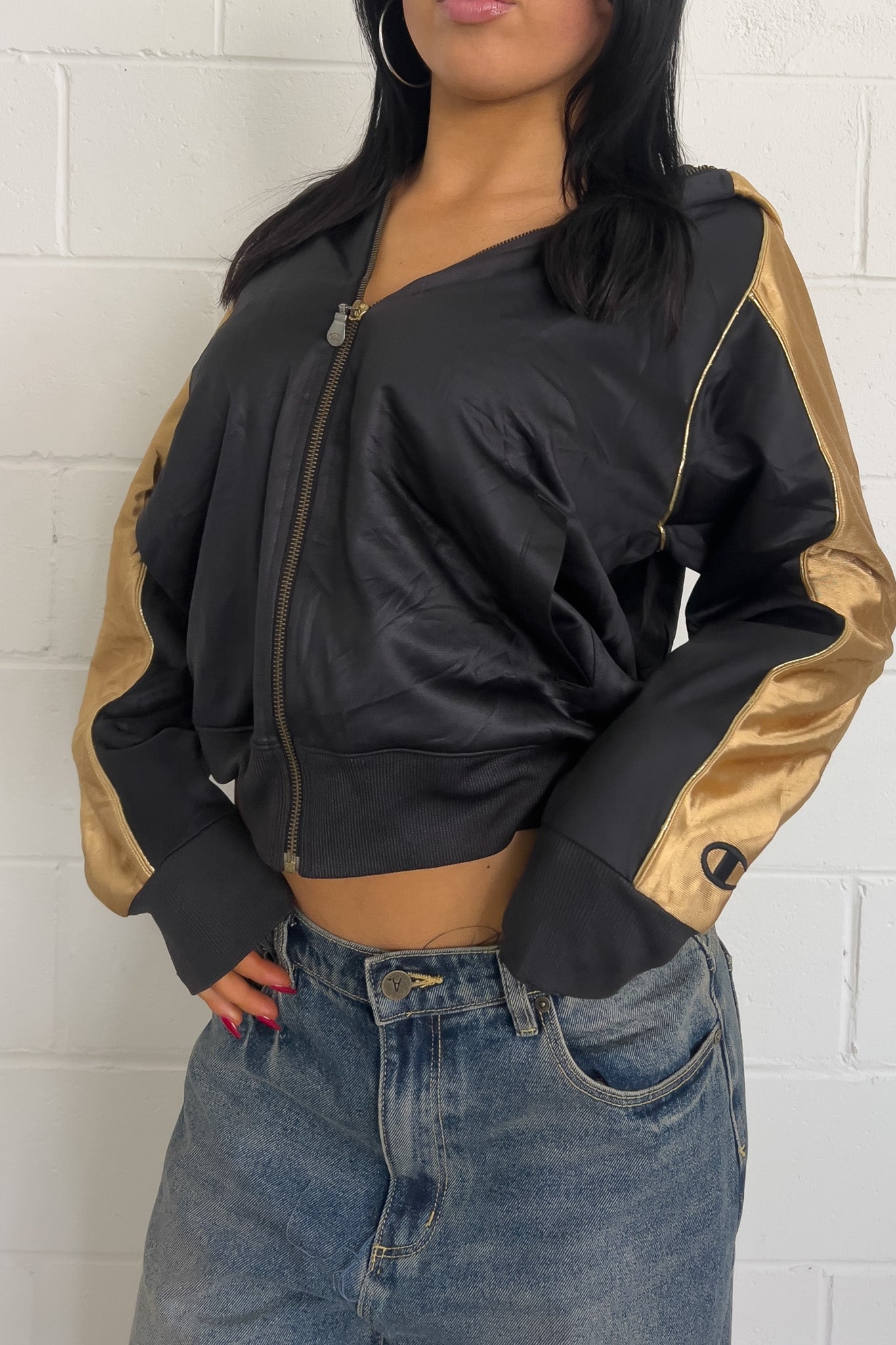 CHAMPION balck + gold hooded track jacket ★ Size labelled medium