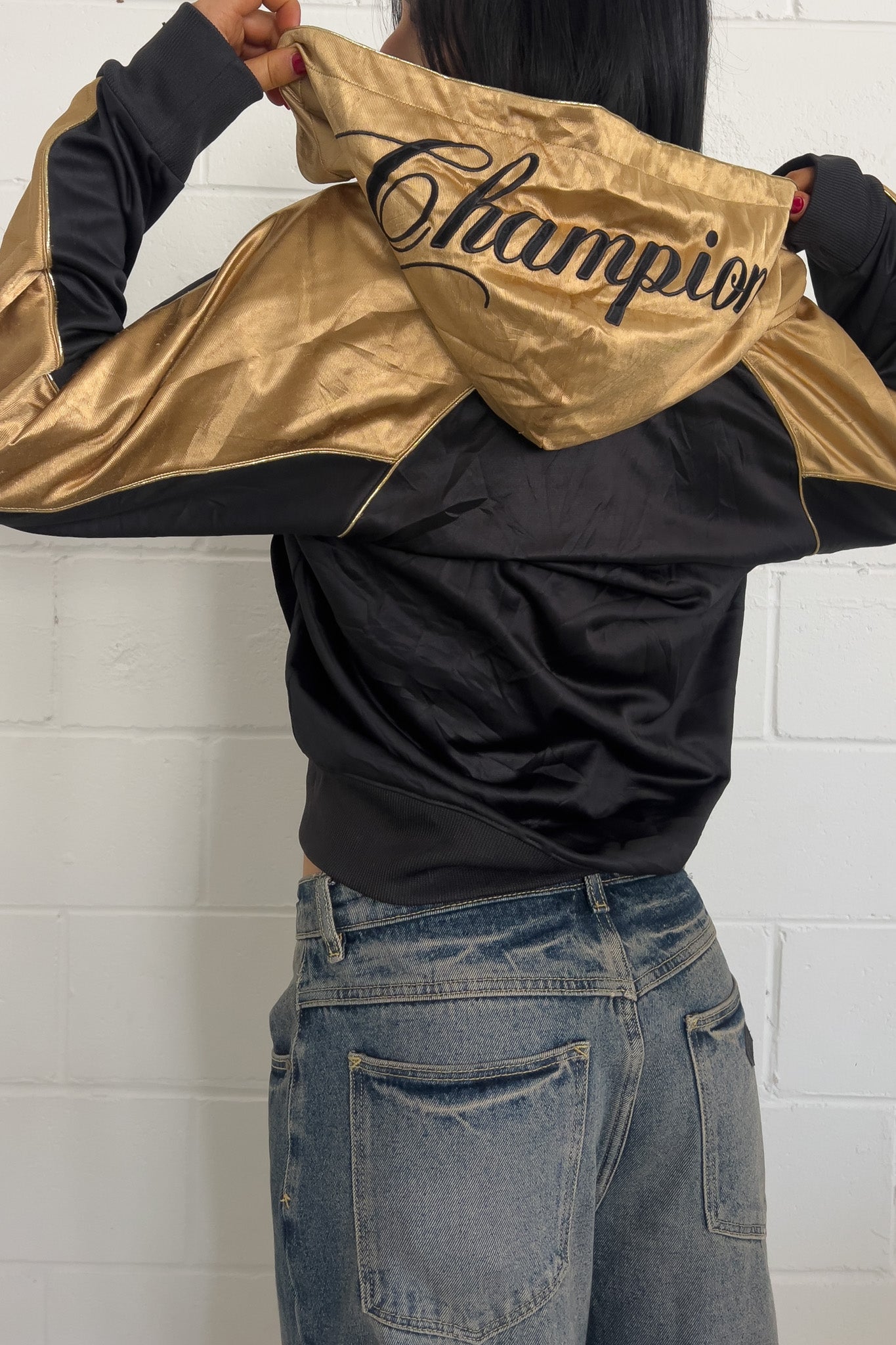 CHAMPION balck + gold hooded track jacket ★ Size labelled medium