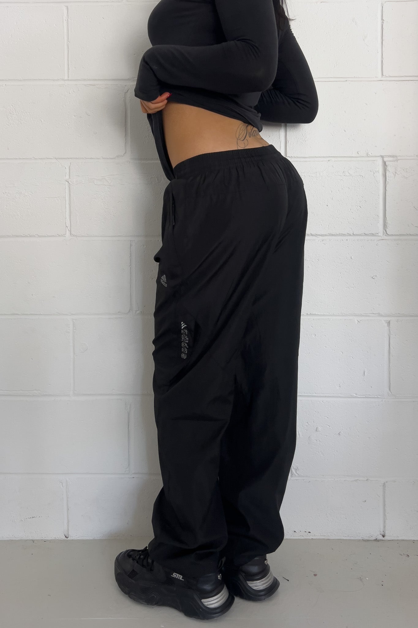 ADIDAS black + silver track pants ★ Size est small ( drawstrings)