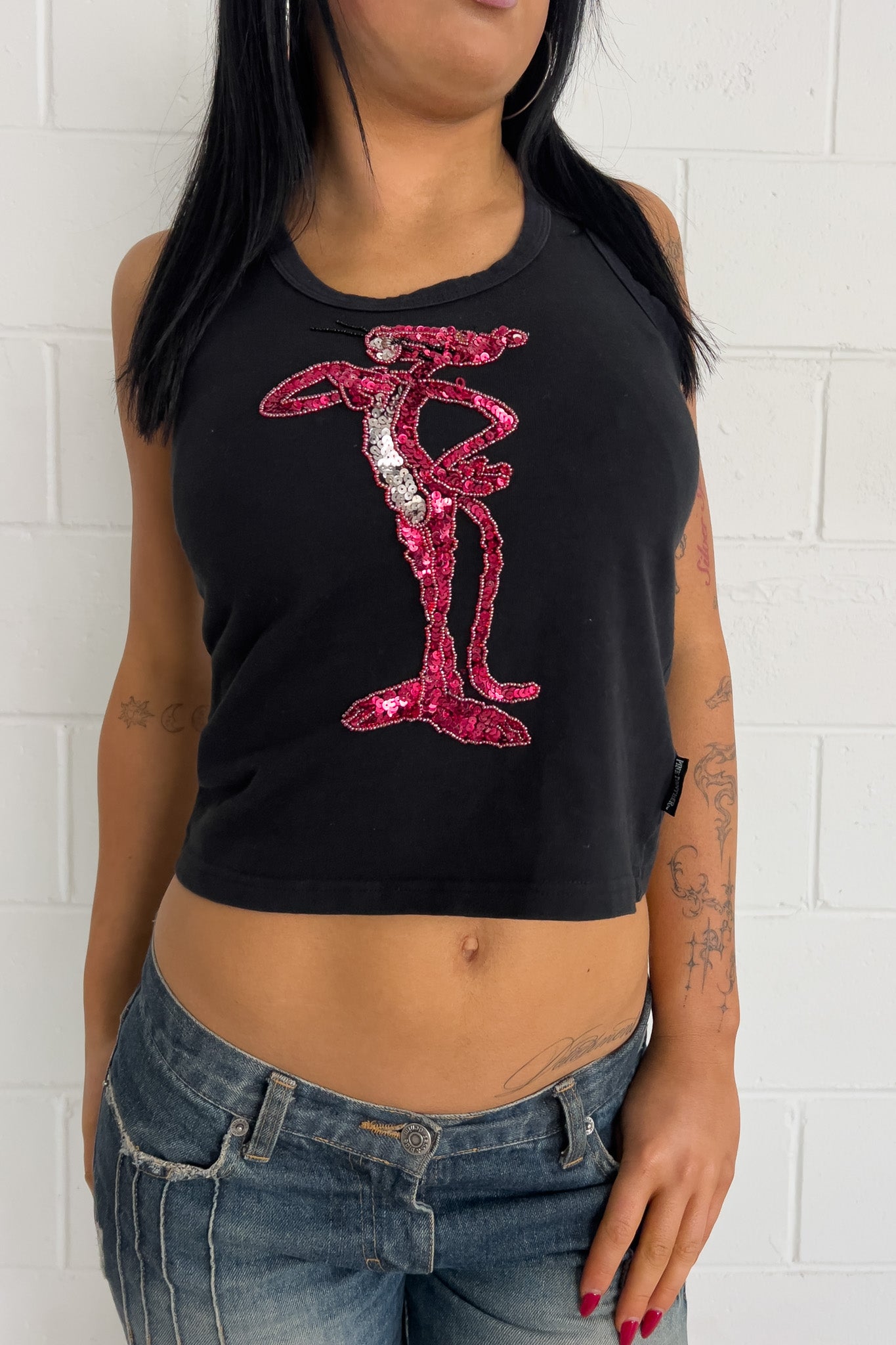 Pink panther black tank ★ Size labelled medium