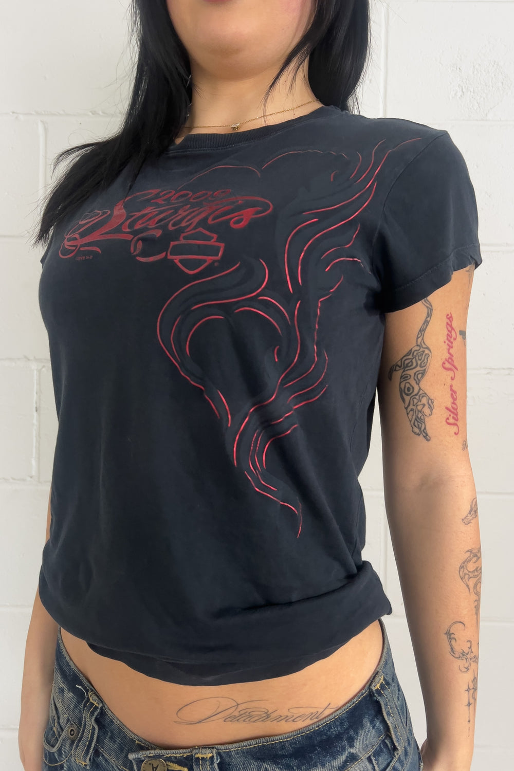 HARLEY DAVIDSON black + red slim top ★ Size labelled small