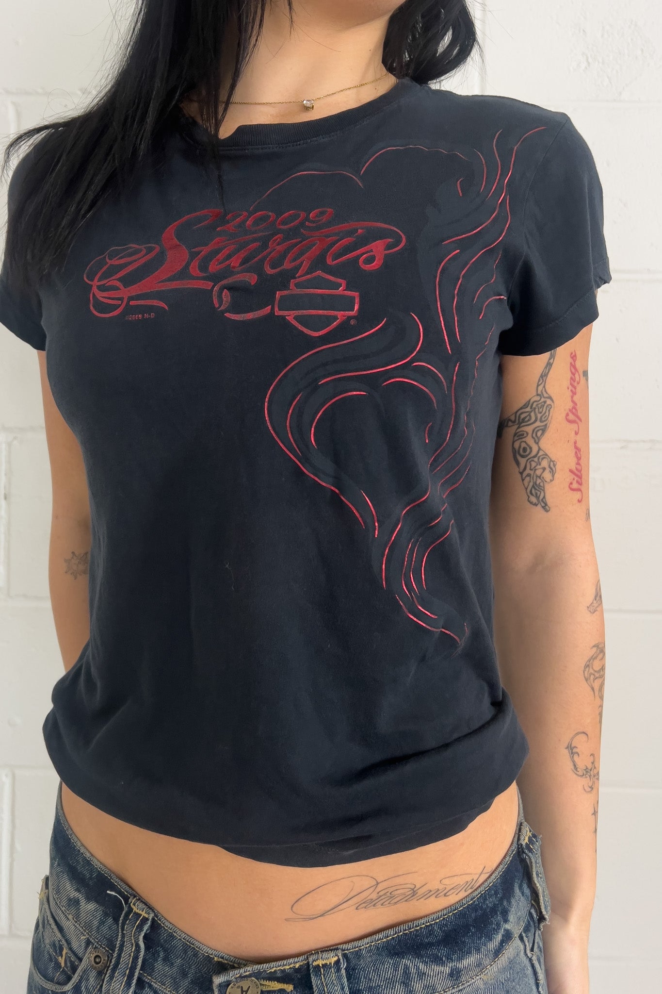 HARLEY DAVIDSON black + red slim top ★ Size labelled small