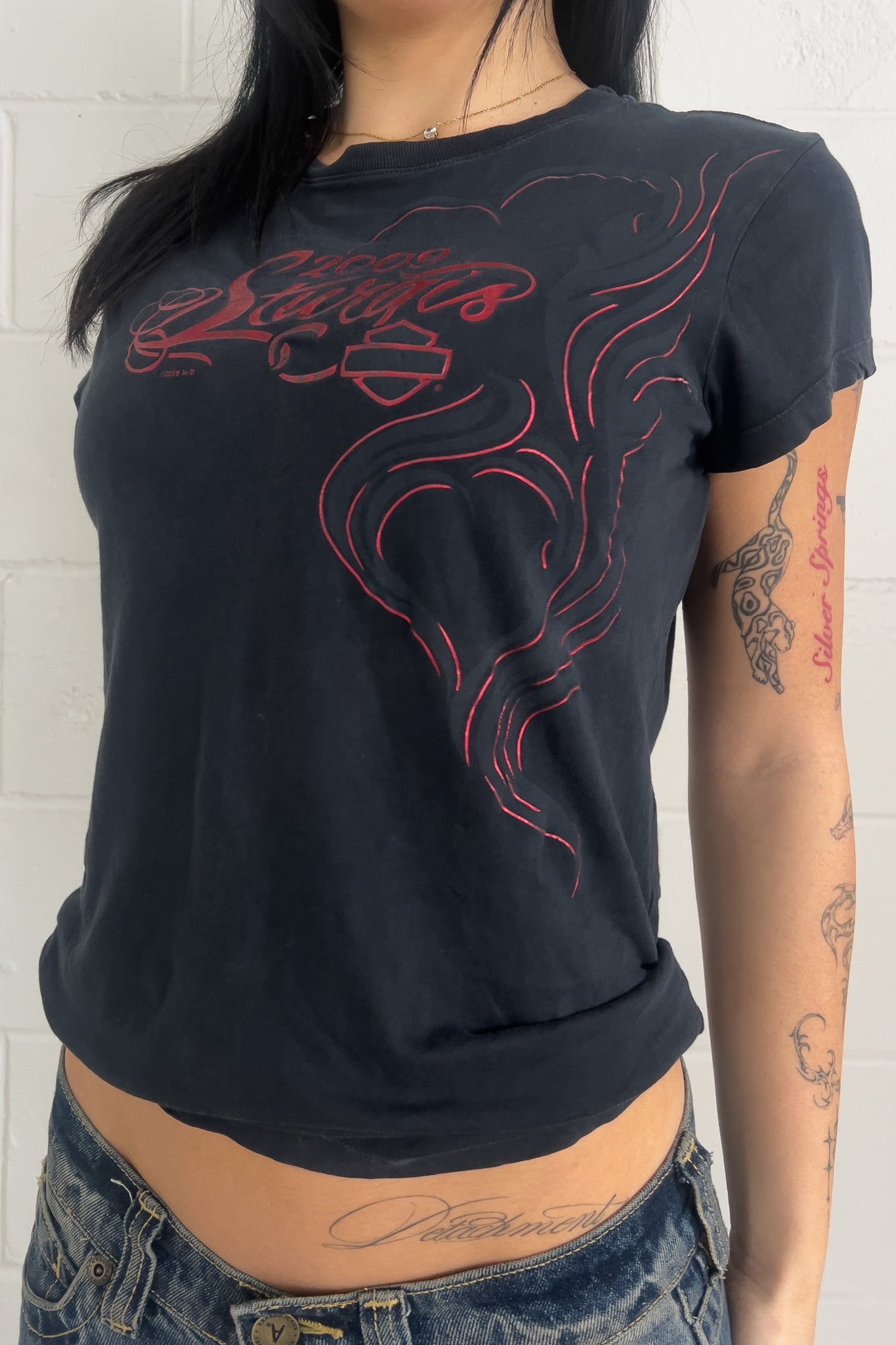 HARLEY DAVIDSON black + red slim top ★ Size labelled small